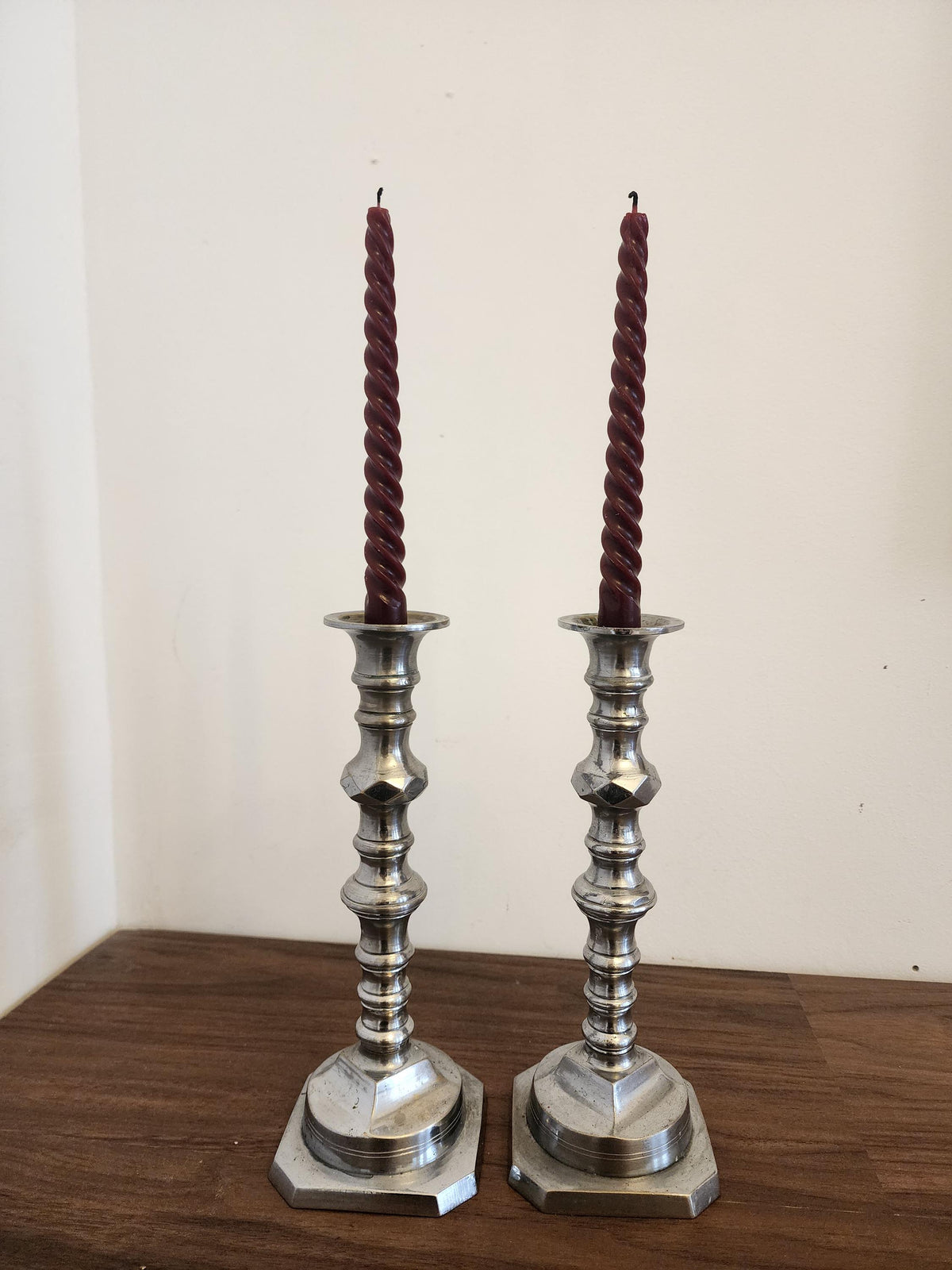 Pair of Vintage Silver Metal Candlesticks, Octagonal Base Candle Holders, Classic Georgian Revival Style, Elegant Table Decor
