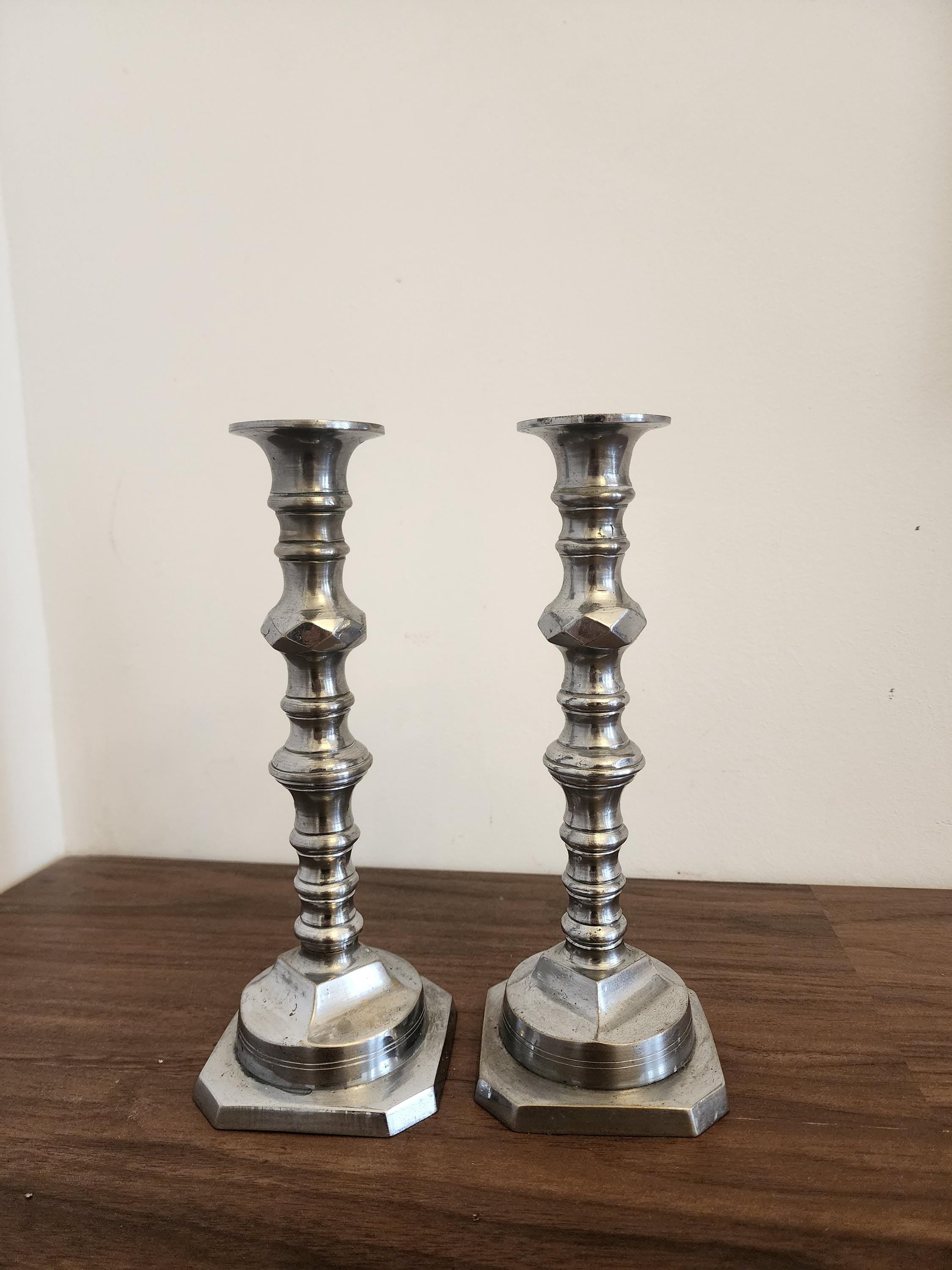 Pair of Vintage Silver Metal Candlesticks, Octagonal Base Candle Holders, Classic Georgian Revival Style, Elegant Table Decor