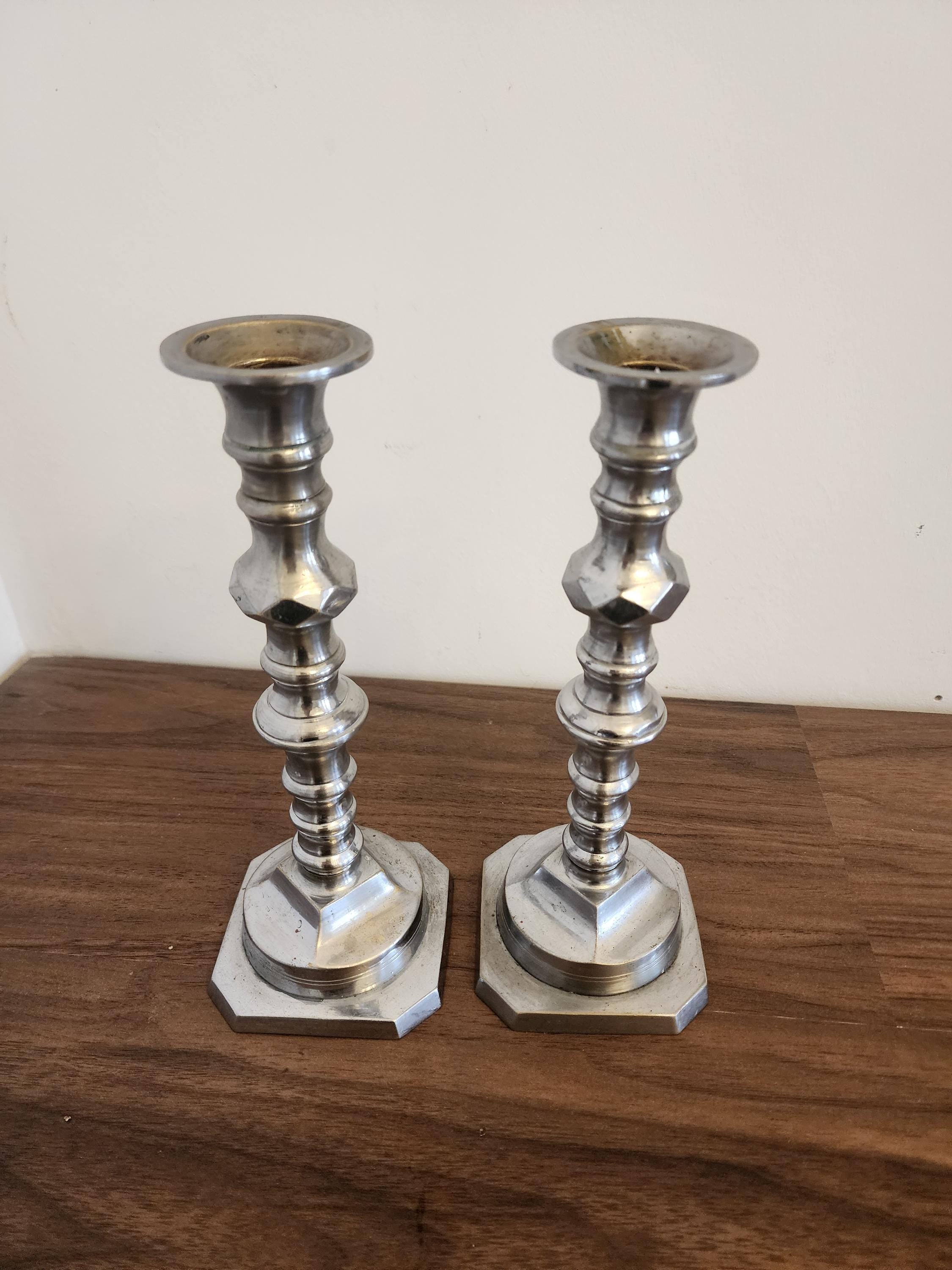 Pair of Vintage Silver Metal Candlesticks, Octagonal Base Candle Holders, Classic Georgian Revival Style, Elegant Table Decor