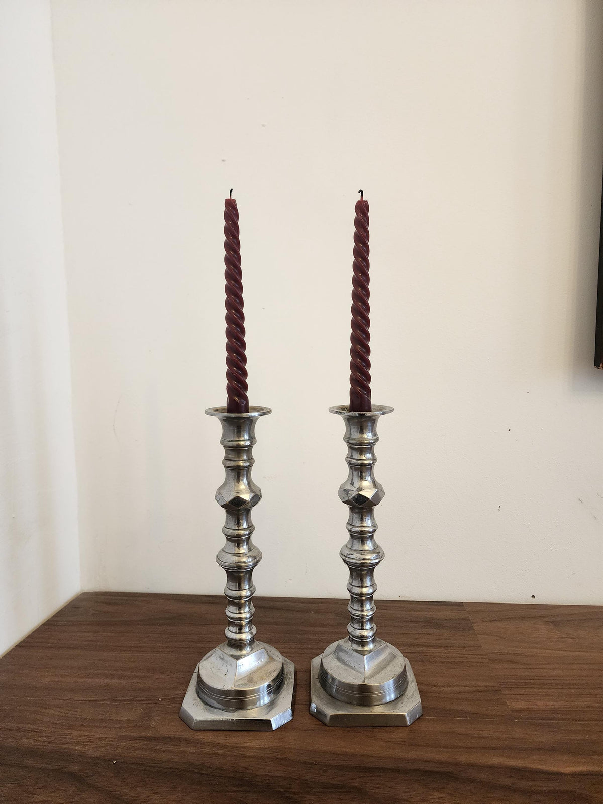 Pair of Vintage Silver Metal Candlesticks, Octagonal Base Candle Holders, Classic Georgian Revival Style, Elegant Table Decor