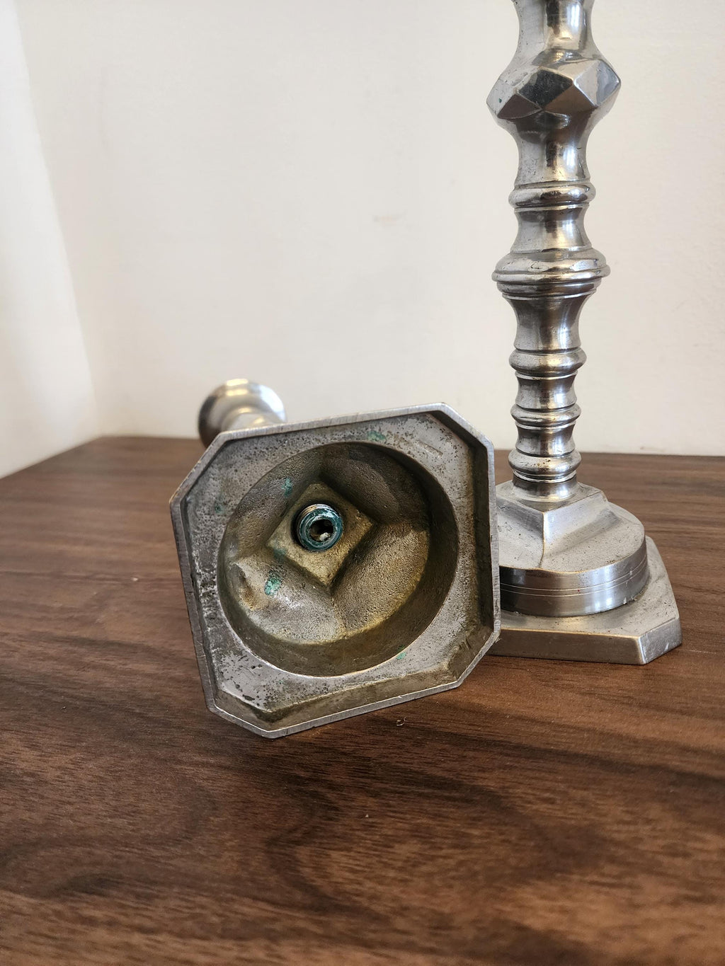 Pair of Vintage Silver Metal Candlesticks, Octagonal Base Candle Holders, Classic Georgian Revival Style, Elegant Table Decor