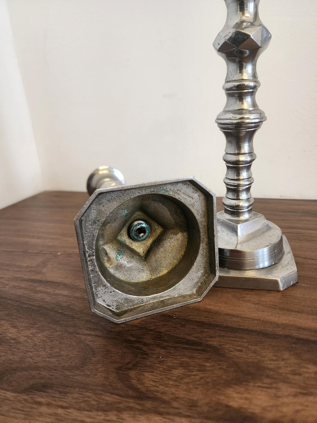 Pair of Vintage Silver Metal Candlesticks, Octagonal Base Candle Holders, Classic Georgian Revival Style, Elegant Table Decor