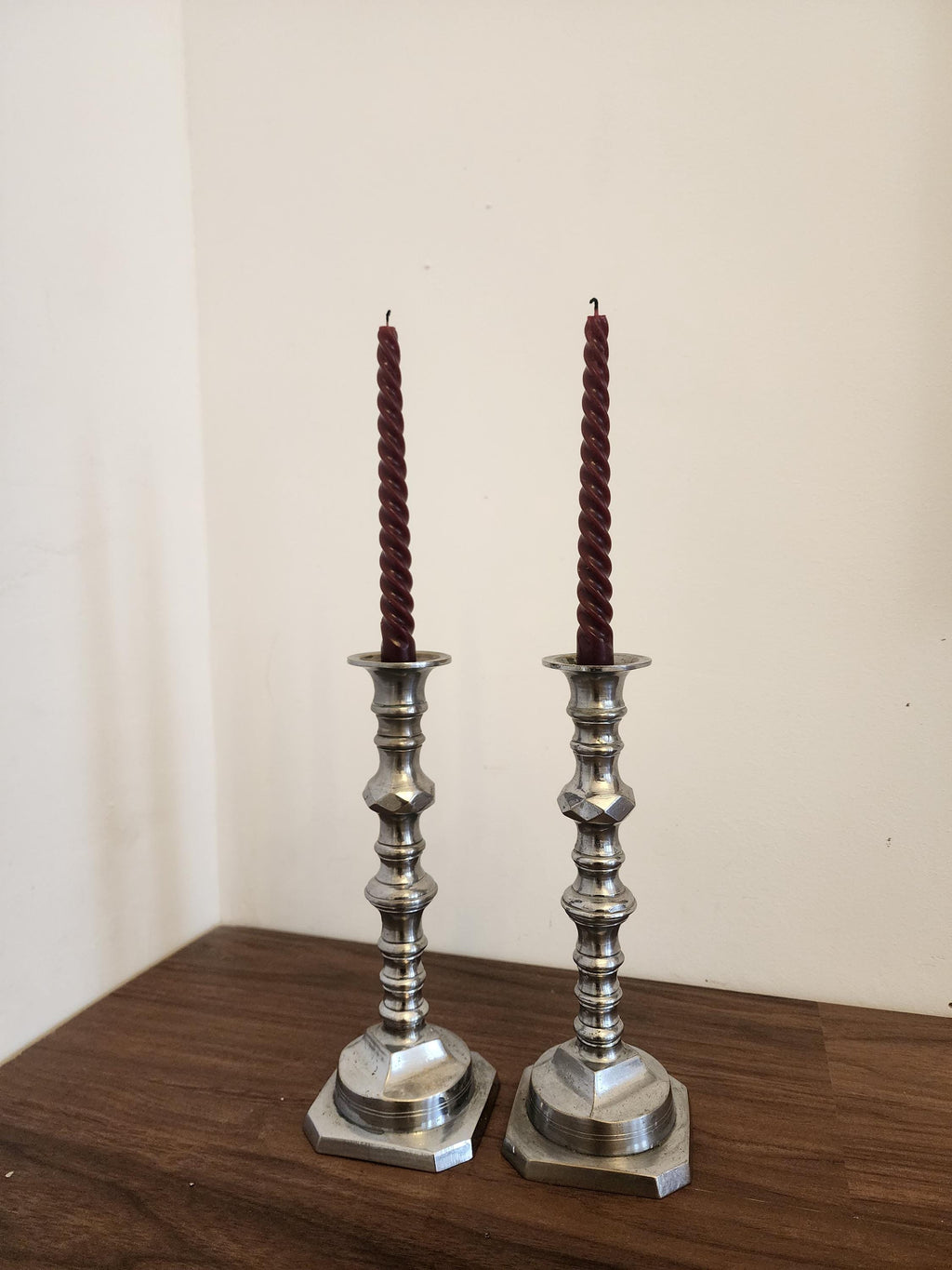 Pair of Vintage Silver Metal Candlesticks, Octagonal Base Candle Holders, Classic Georgian Revival Style, Elegant Table Decor
