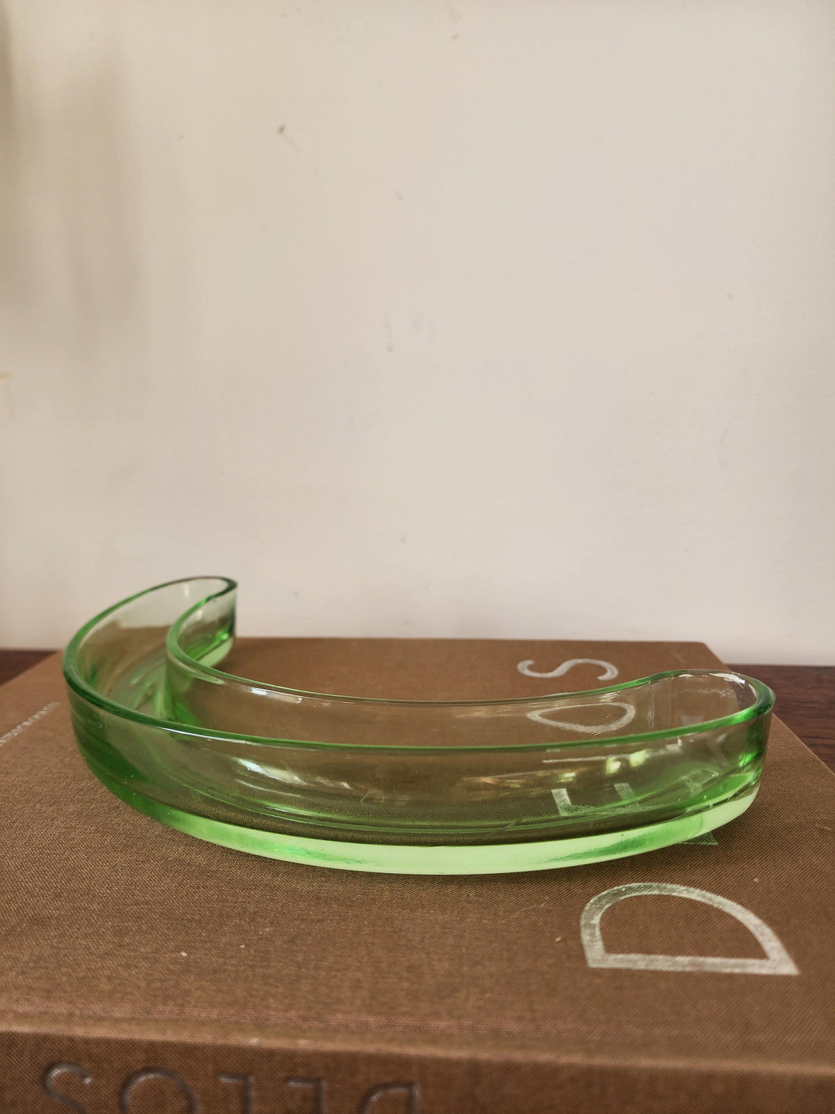 Vintage Green Glass Crescent Olive Dish, Mid Century Curved Glass Bowl, Retro Serving Tray, Art Deco Tableware