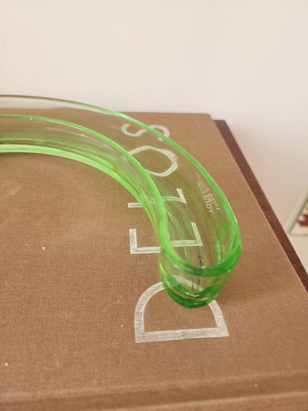 Vintage Green Glass Crescent Olive Dish, Mid Century Curved Glass Bowl, Retro Serving Tray, Art Deco Tableware