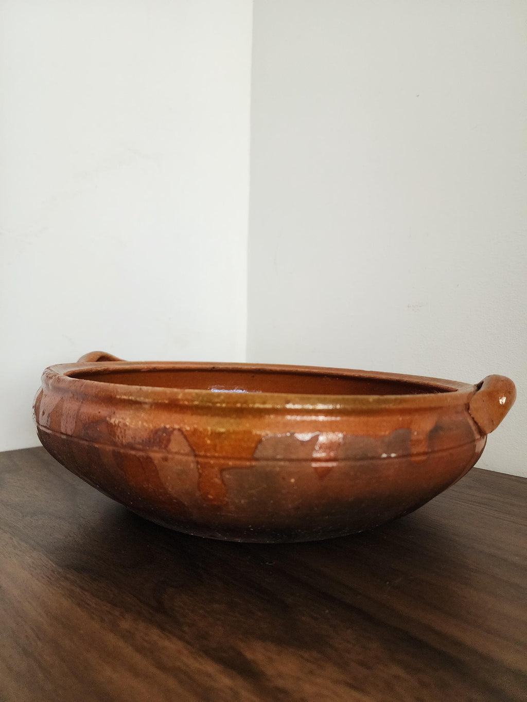 Vintage Terracotta Clay Bowl with Handles, Handcrafted Glazed Casserole Dish, Rustic Spanish Earthenware Pot