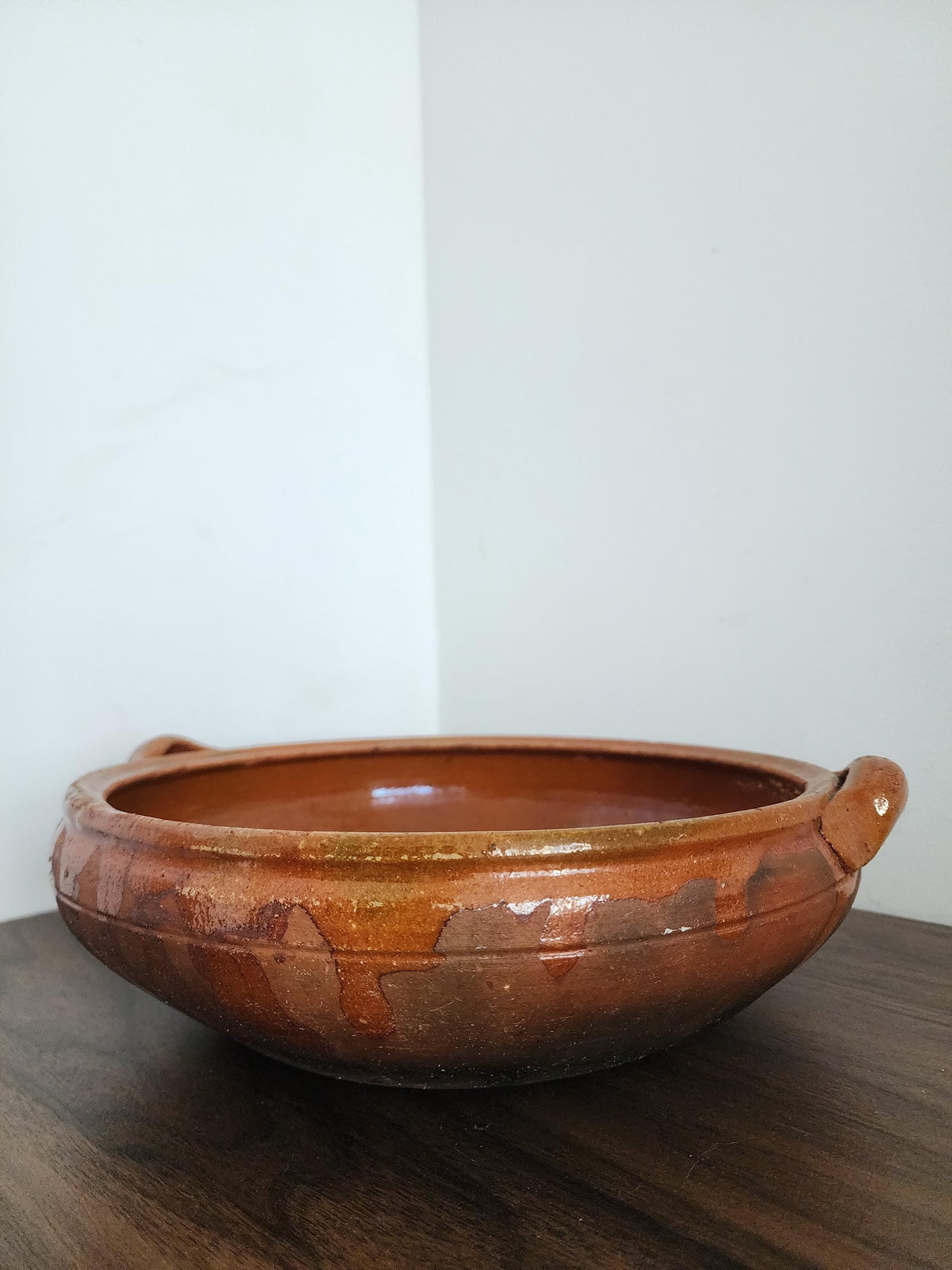 Vintage Terracotta Clay Bowl with Handles, Handcrafted Glazed Casserole Dish, Rustic Spanish Earthenware Pot
