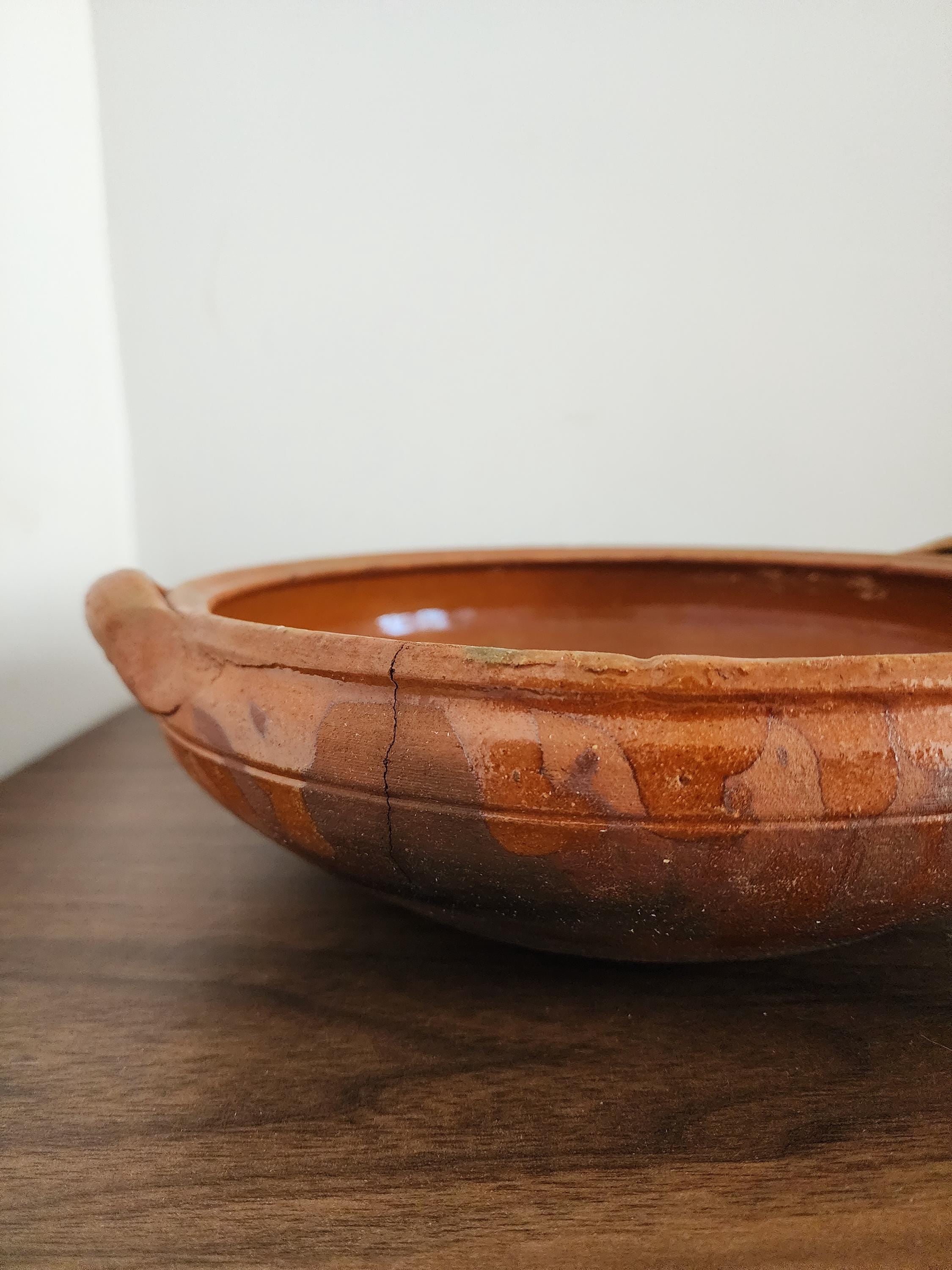 Vintage Terracotta Clay Bowl with Handles, Handcrafted Glazed Casserole Dish, Rustic Spanish Earthenware Pot