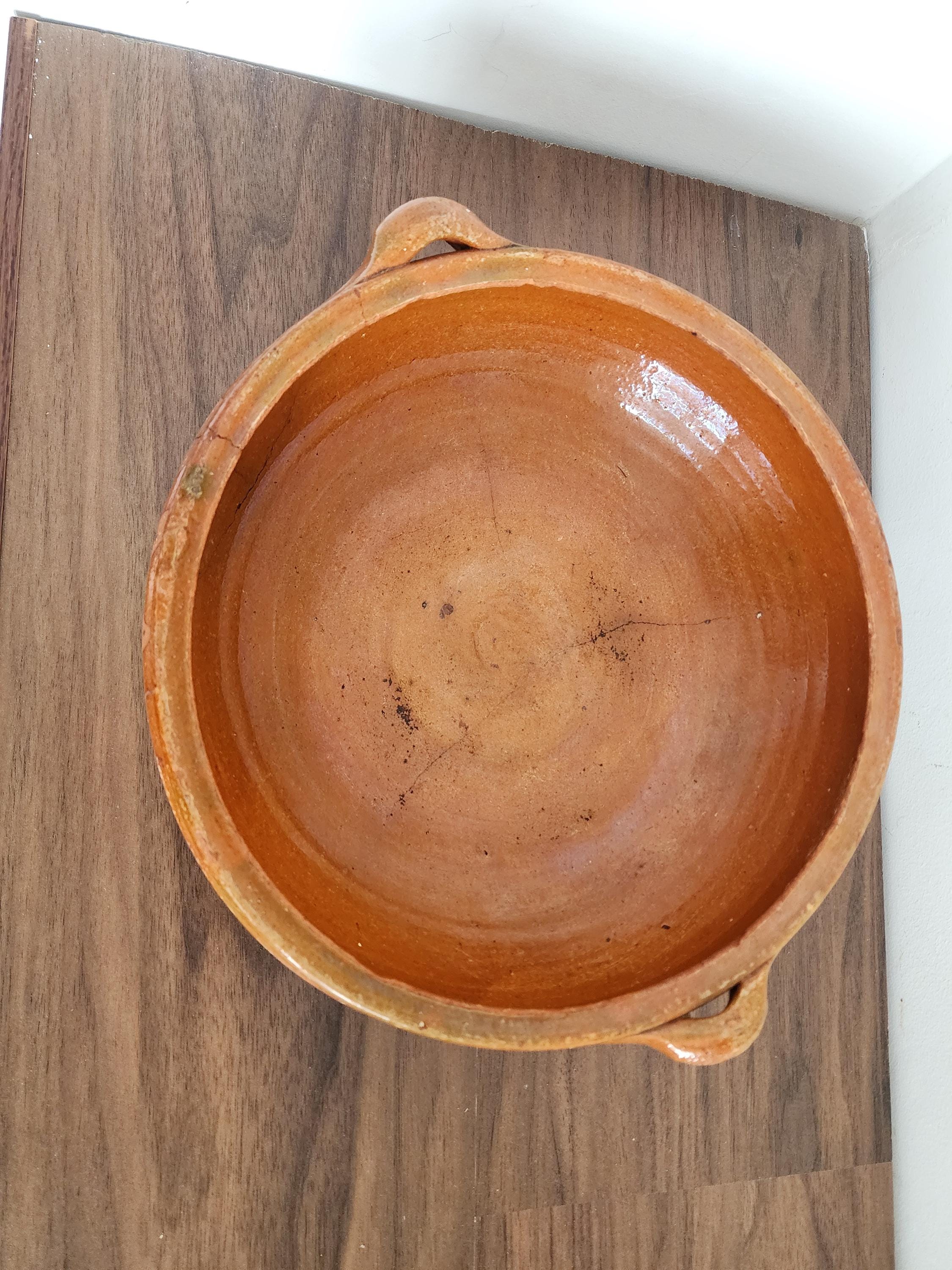 Vintage Terracotta Clay Bowl with Handles, Handcrafted Glazed Casserole Dish, Rustic Spanish Earthenware Pot