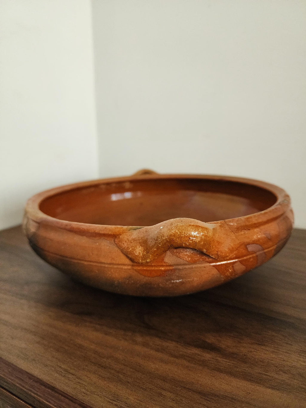 Vintage Terracotta Clay Bowl with Handles, Handcrafted Glazed Casserole Dish, Rustic Spanish Earthenware Pot