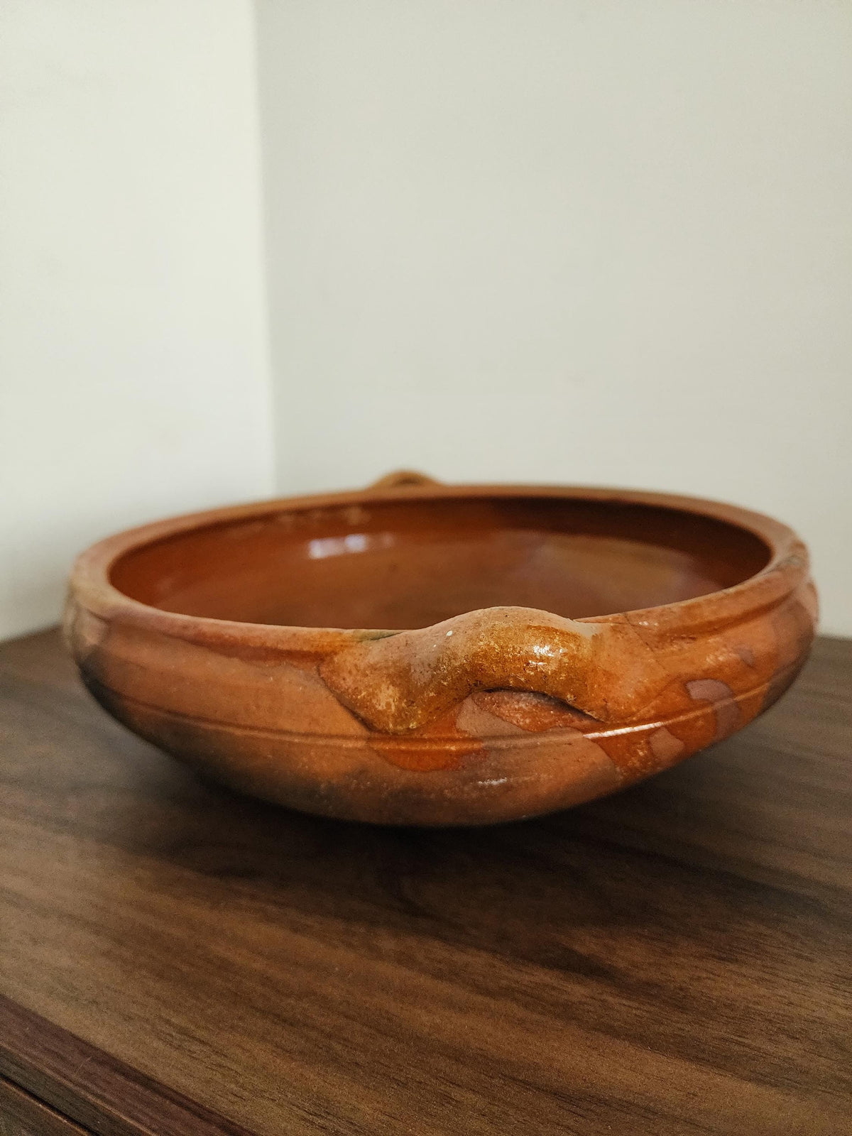 Vintage Terracotta Clay Bowl with Handles, Handcrafted Glazed Casserole Dish, Rustic Spanish Earthenware Pot