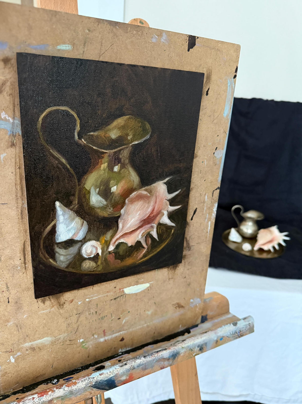 Original Still Life Oil Painting with Shells, Signed Polina Parova 2025, Framed Contemporary Art, Dark Moody Wall Art
