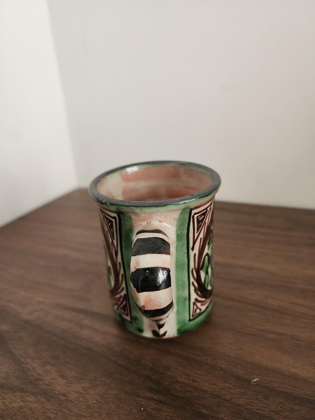 Vintage Spanish Punter Mug, Hand Painted Green Terracotta Cup, Rustic Folk Art Pottery, Andalusian Ceramic, Boho Kitchen Decor