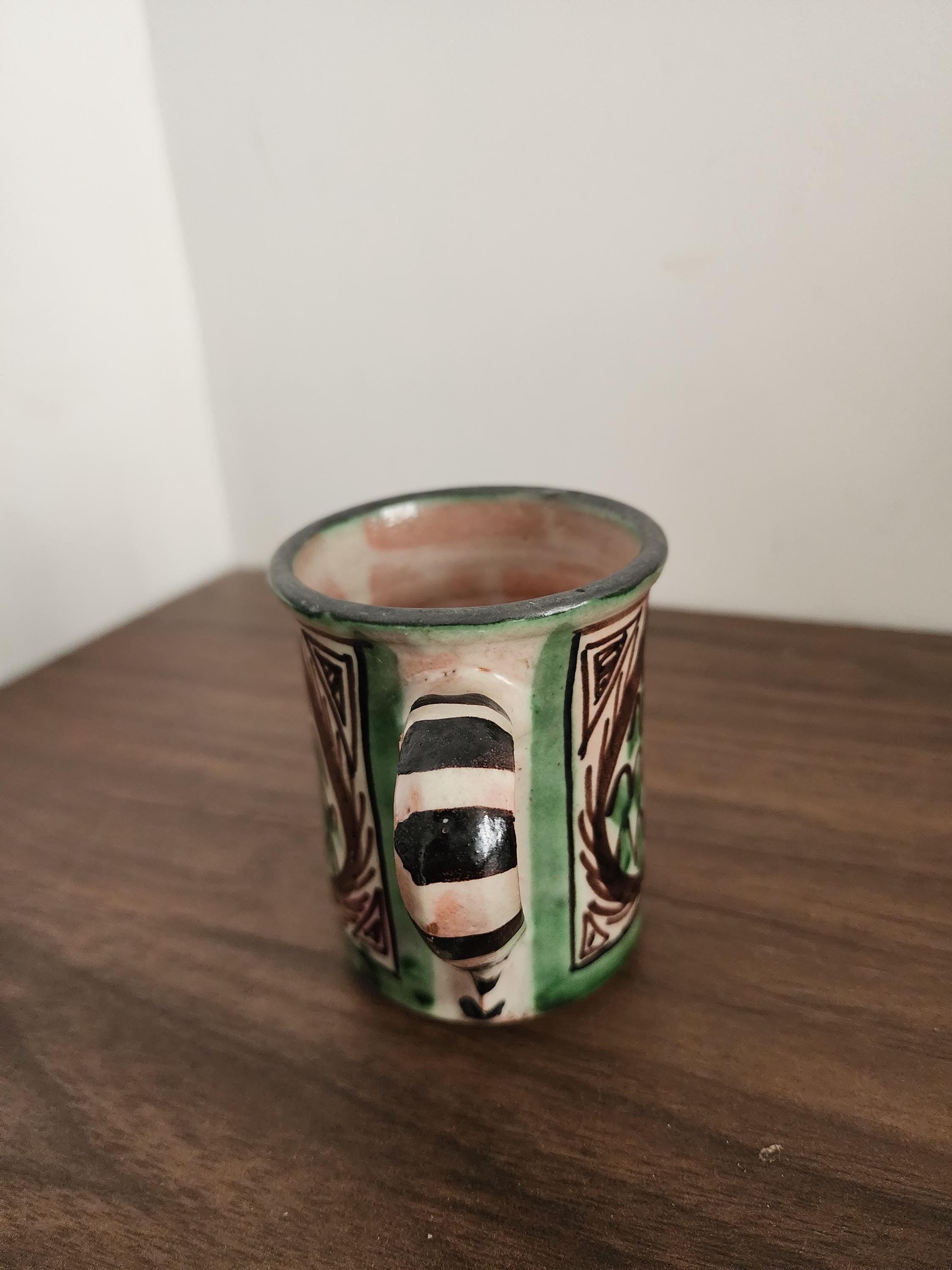 Vintage Spanish Punter Mug, Hand Painted Green Terracotta Cup, Rustic Folk Art Pottery, Andalusian Ceramic, Boho Kitchen Decor