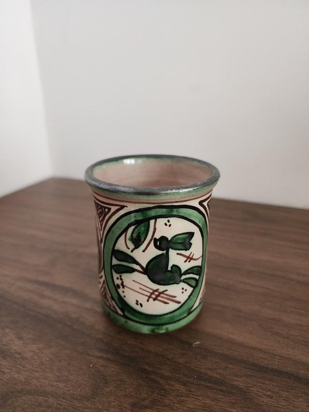 Vintage Spanish Punter Mug, Hand Painted Green Terracotta Cup, Rustic Folk Art Pottery, Andalusian Ceramic, Boho Kitchen Decor