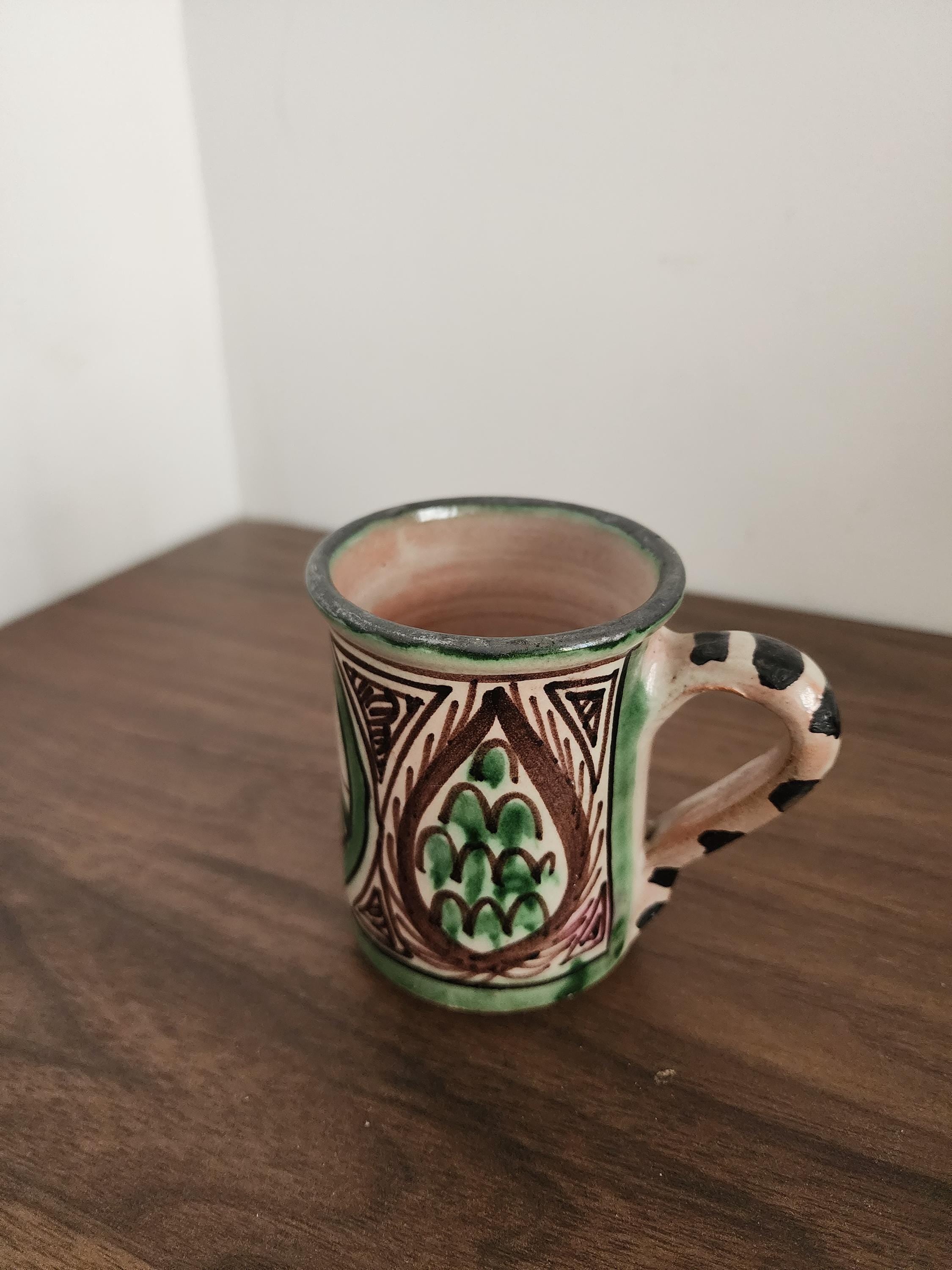 Vintage Spanish Punter Mug, Hand Painted Green Terracotta Cup, Rustic Folk Art Pottery, Andalusian Ceramic, Boho Kitchen Decor