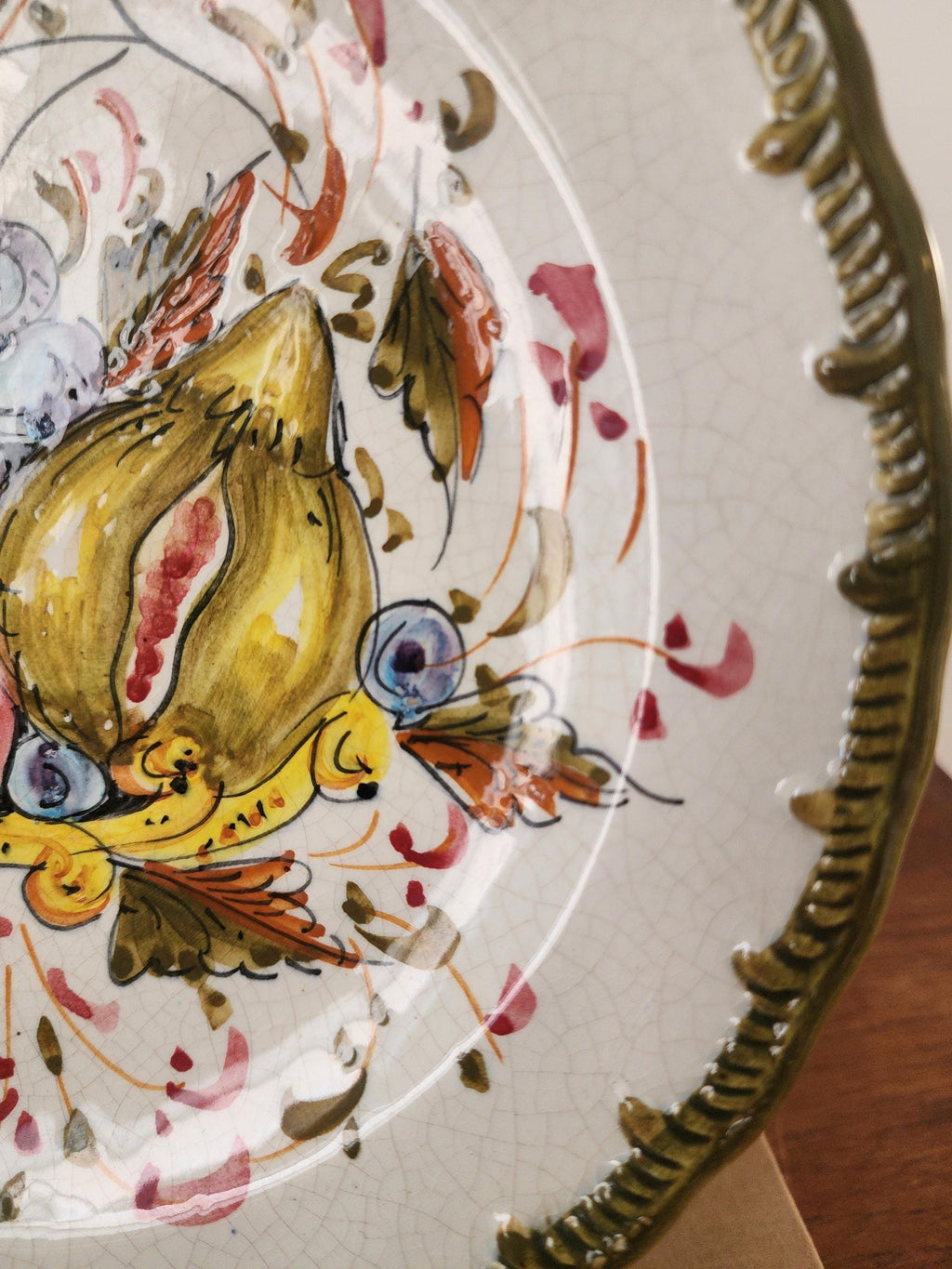 Vintage Spanish Hand Painted Majolica Plate, Fruit Motif Wall Decor, Talavera Style Ceramic, Olive Green Border, Rustic Kitchen Art