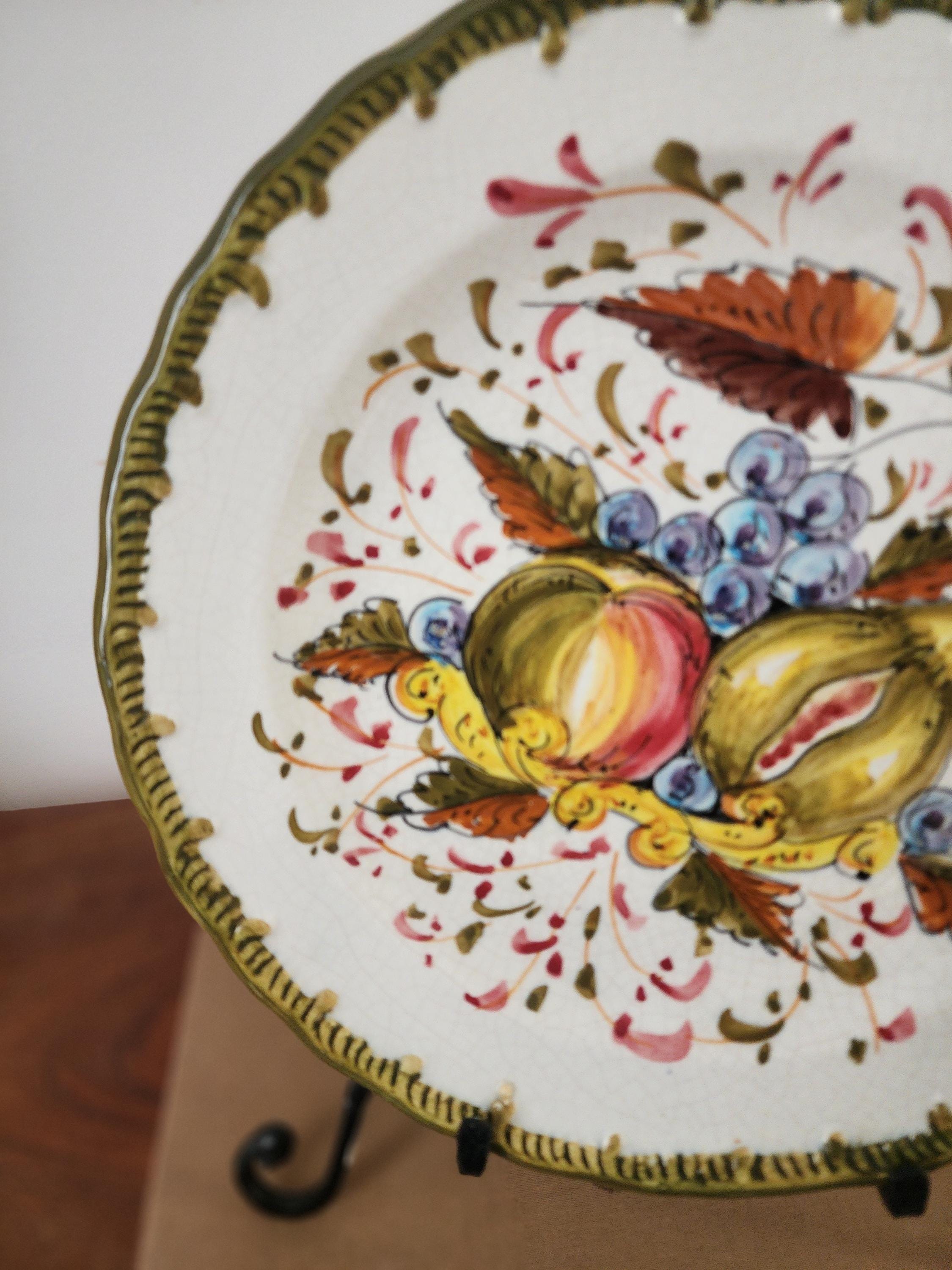 Vintage Spanish Hand Painted Majolica Plate, Fruit Motif Wall Decor, Talavera Style Ceramic, Olive Green Border, Rustic Kitchen Art