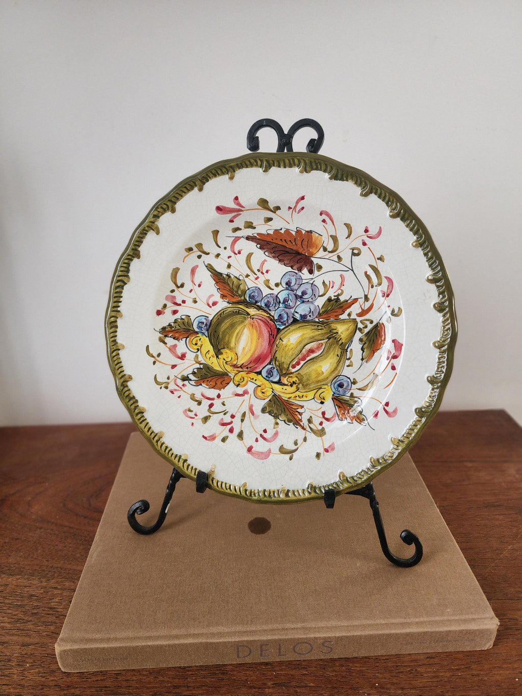 Vintage Spanish Hand Painted Majolica Plate, Fruit Motif Wall Decor, Talavera Style Ceramic, Olive Green Border, Rustic Kitchen Art