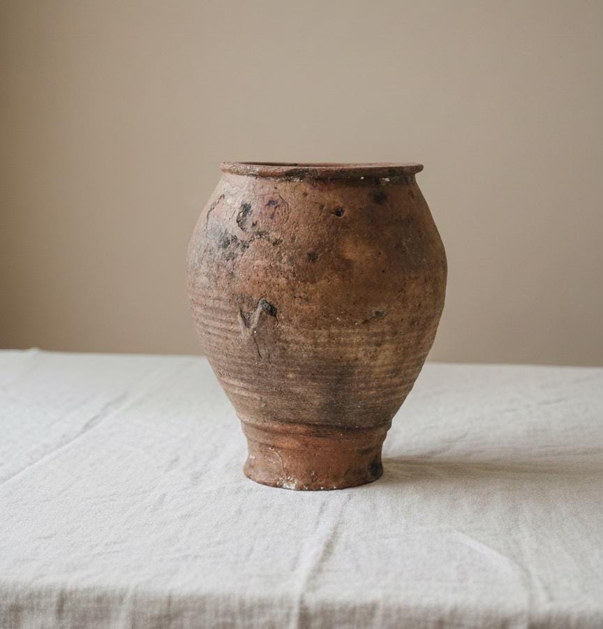 Rustic Vintage Clay Pot | Black & Brown Earthenware Vessel | Farmhouse Kitchen Decor | Primitive Collectible Jar