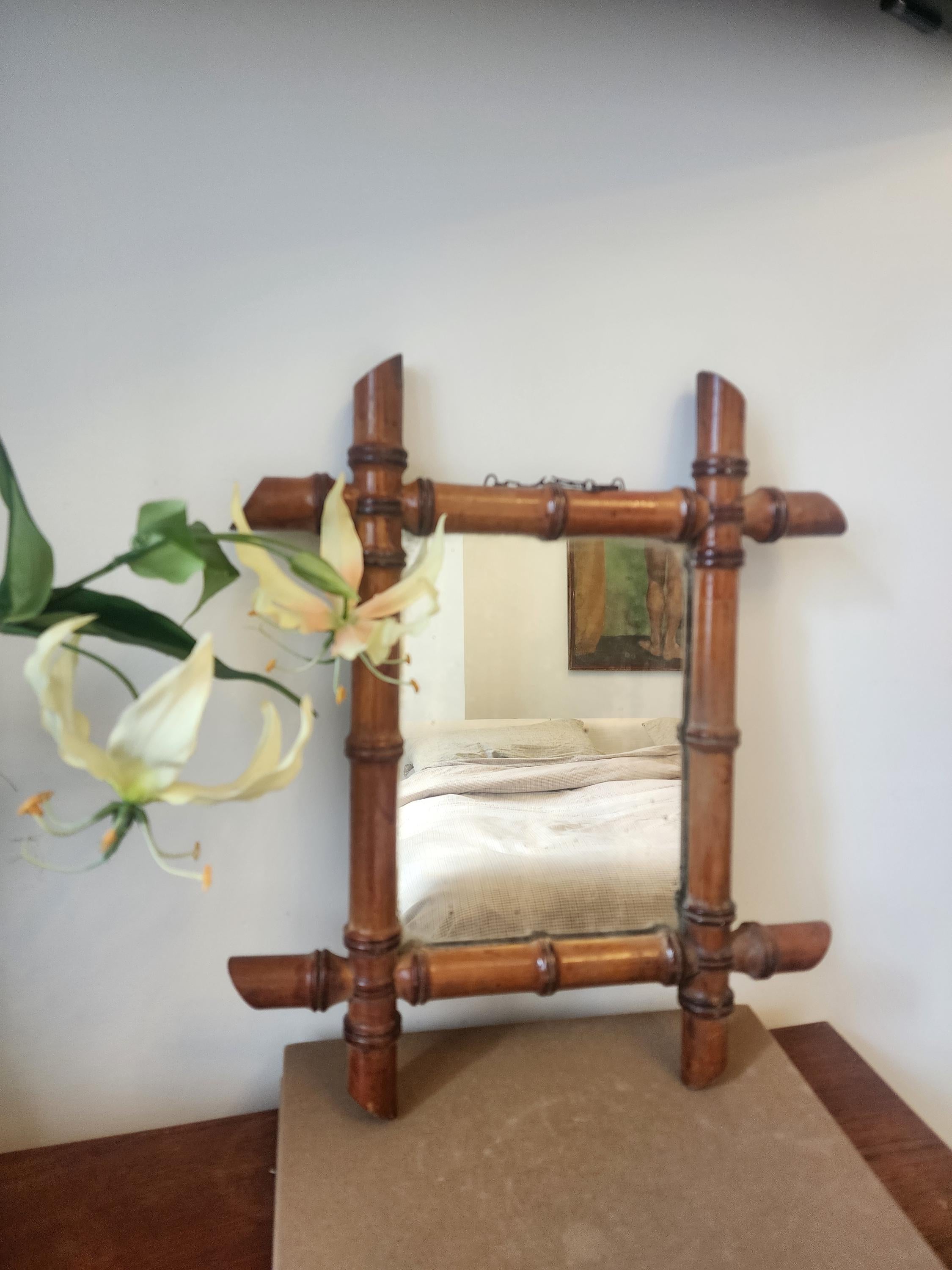 Antique Faux Bamboo Mirror | 19th Century French Wall Mirror | Rectangular Wood Frame with Original Glass | Wabi Sabi Patina