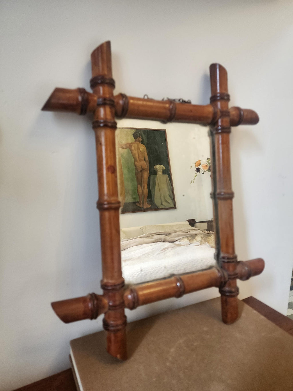Antique Faux Bamboo Mirror | 19th Century French Wall Mirror | Rectangular Wood Frame with Original Glass | Wabi Sabi Patina