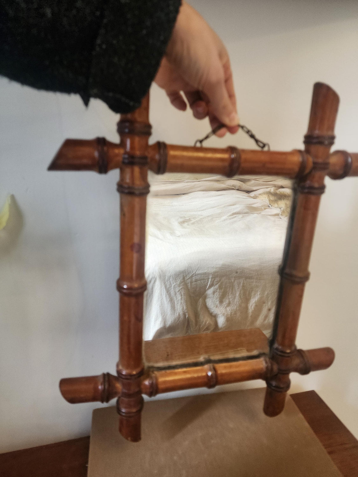 Antique Faux Bamboo Mirror | 19th Century French Wall Mirror | Rectangular Wood Frame with Original Glass | Wabi Sabi Patina