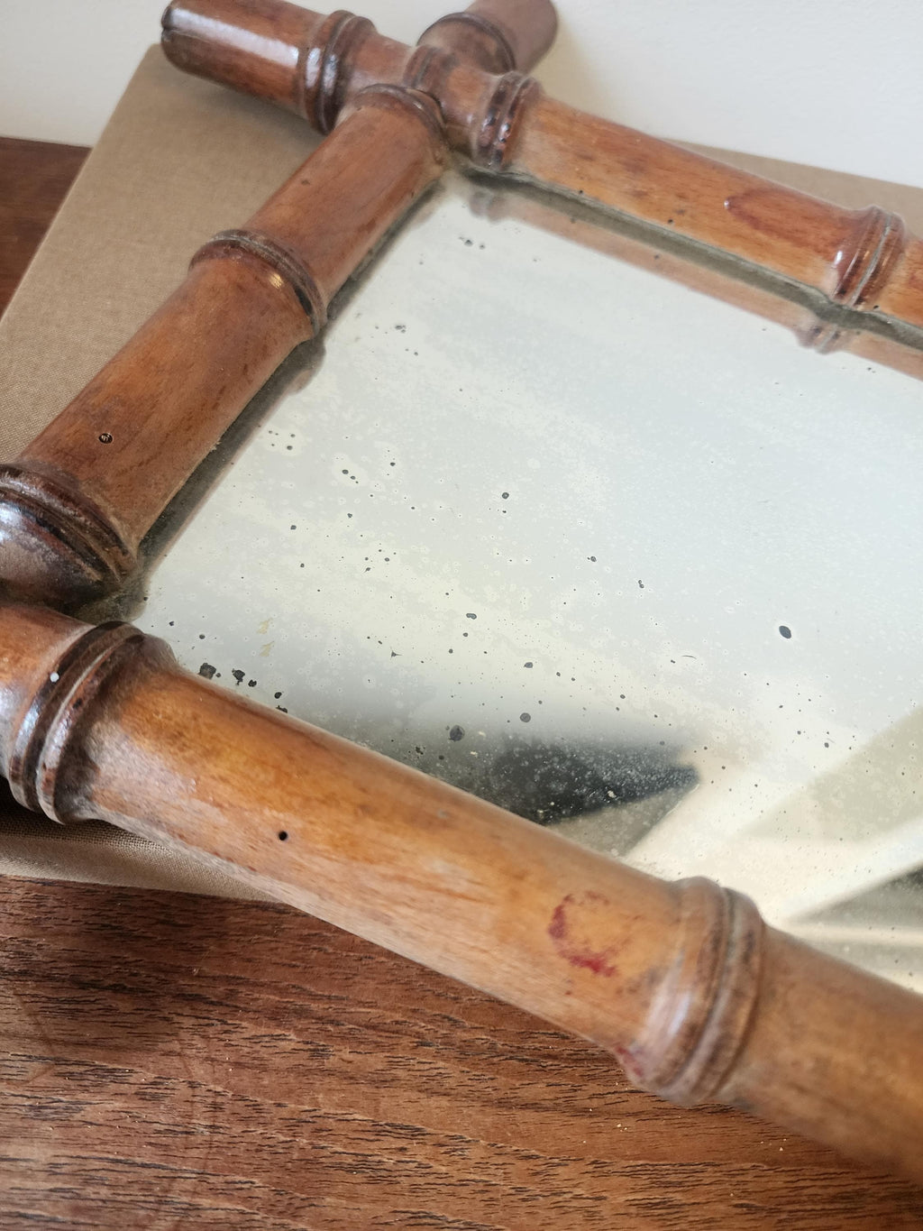 Antique Faux Bamboo Mirror | 19th Century French Wall Mirror | Rectangular Wood Frame with Original Glass | Wabi Sabi Patina