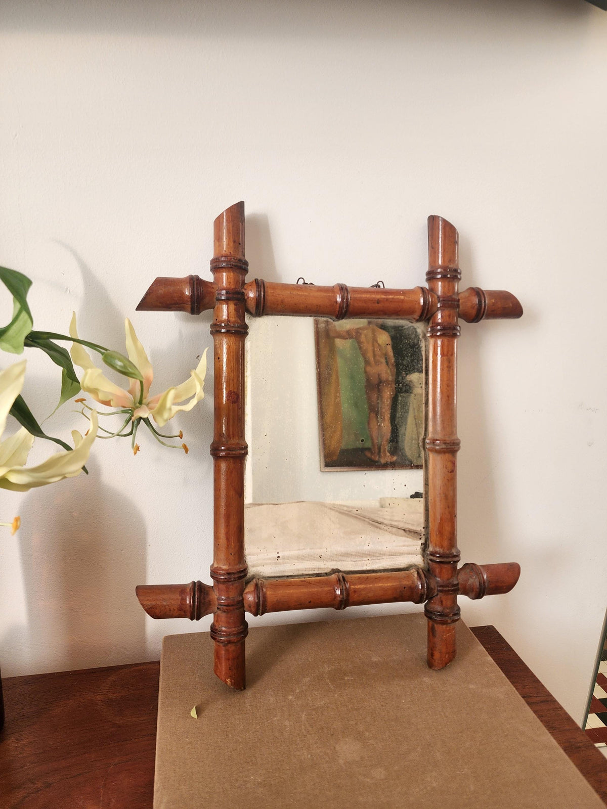 Antique Faux Bamboo Mirror | 19th Century French Wall Mirror | Rectangular Wood Frame with Original Glass | Wabi Sabi Patina