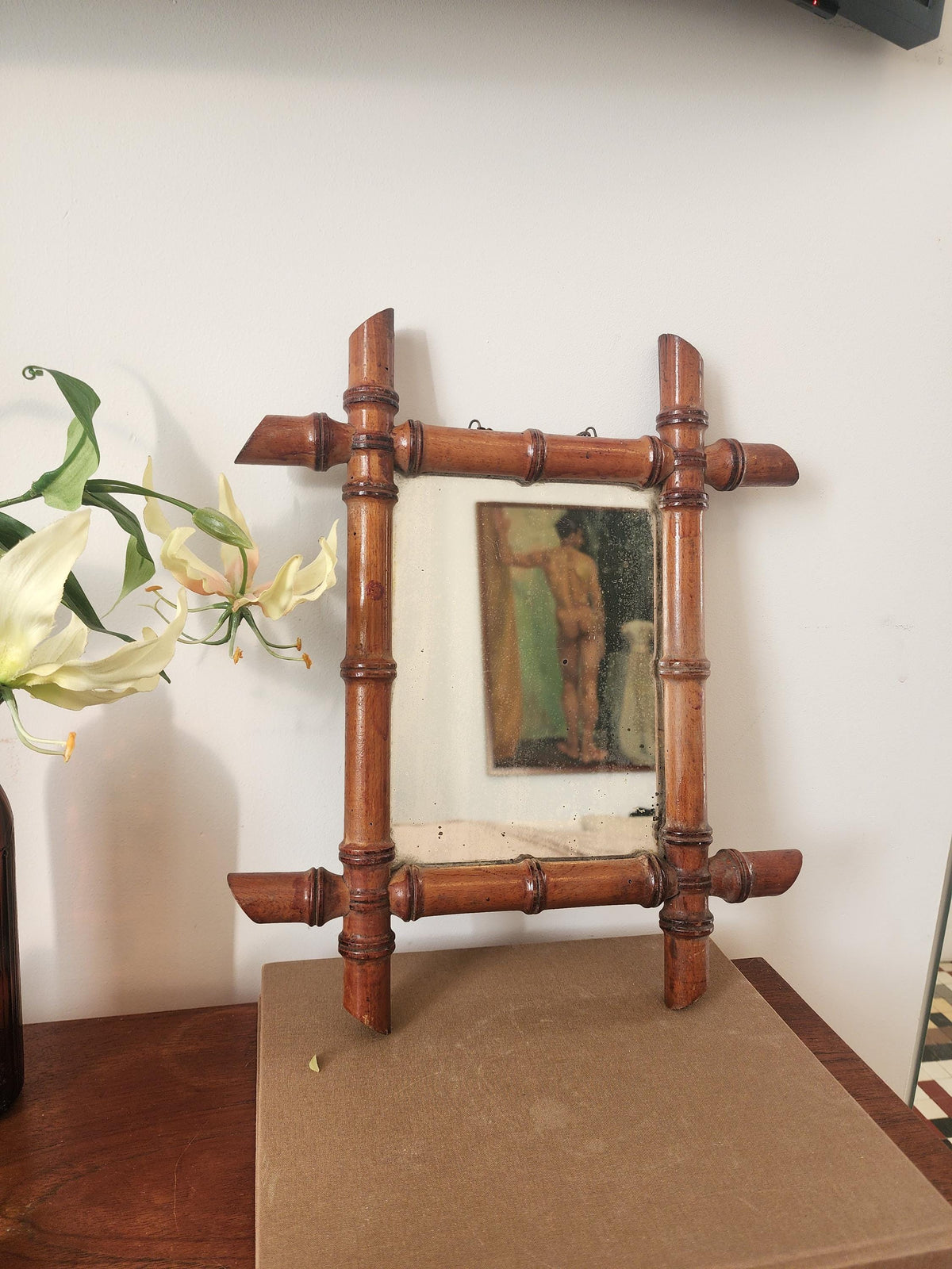 Antique Faux Bamboo Mirror | 19th Century French Wall Mirror | Rectangular Wood Frame with Original Glass | Wabi Sabi Patina