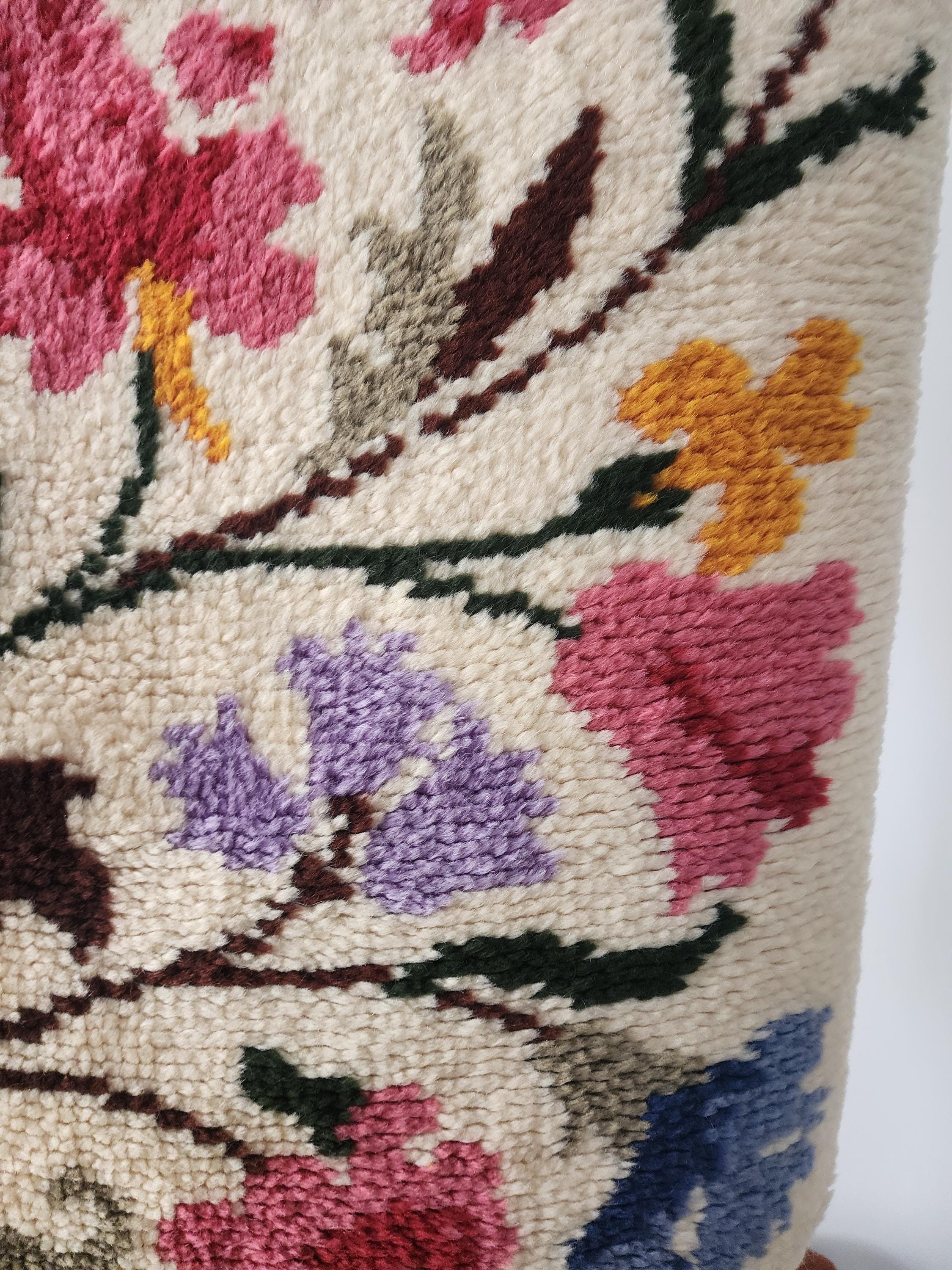 Vintage Wool Floral Rug | Handwoven Wall Tapestry | Mid Century Botanical Rya Rug | Colorful Scandinavian Wool Art Textile