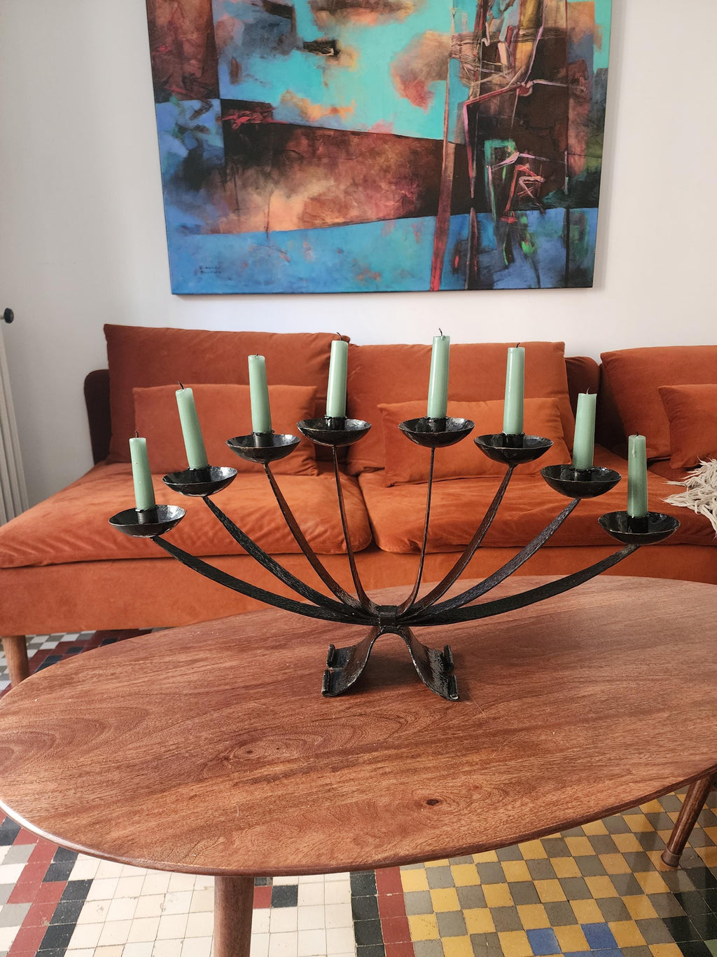 Mid Century Wrought Iron Candelabra | 9 Arm Black Iron Candle Holder | Modernist Brutalist Style | 23.5” Centerpiece Sculpture