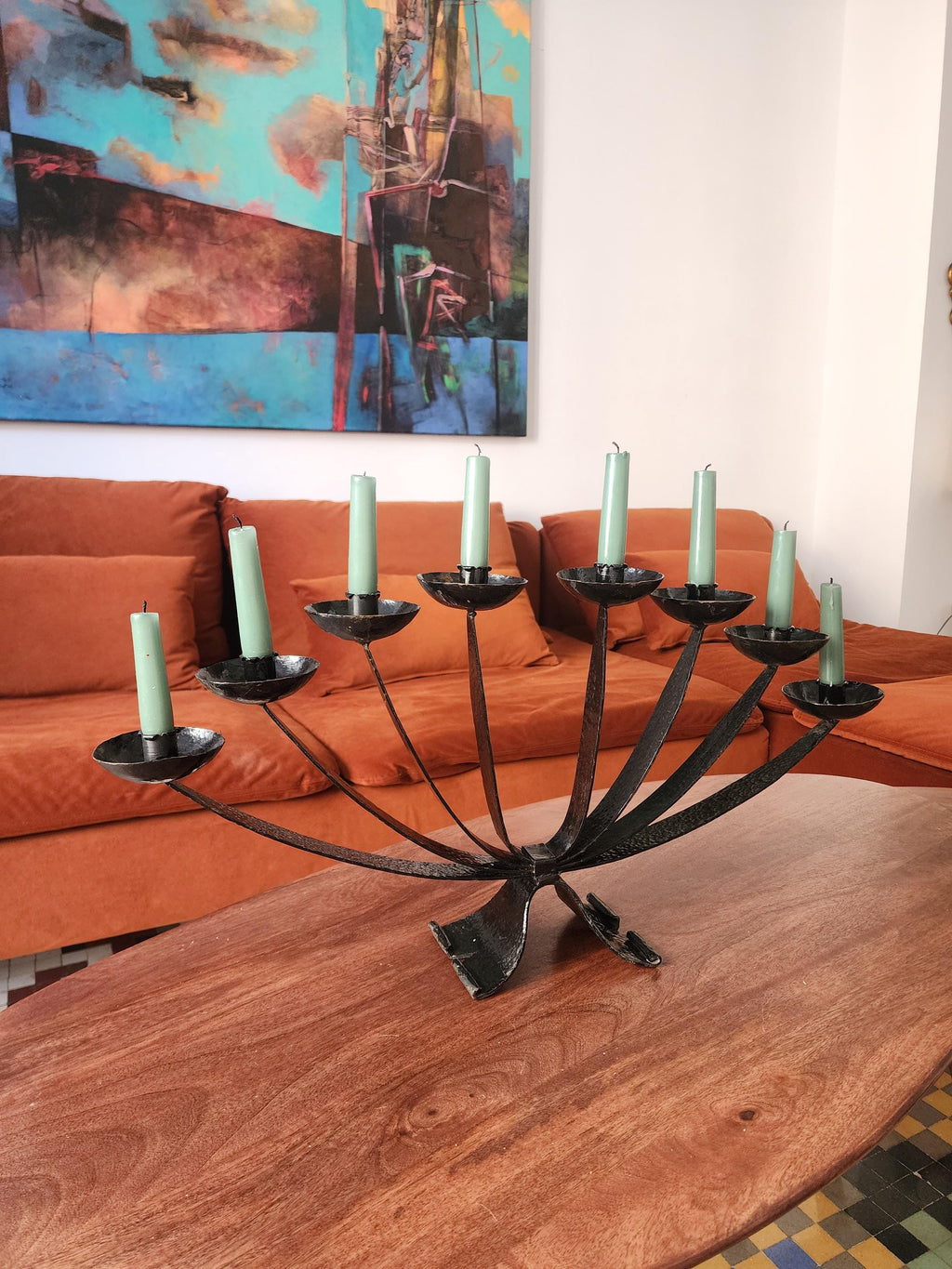 Mid Century Wrought Iron Candelabra | 9 Arm Black Iron Candle Holder | Modernist Brutalist Style | 23.5” Centerpiece Sculpture