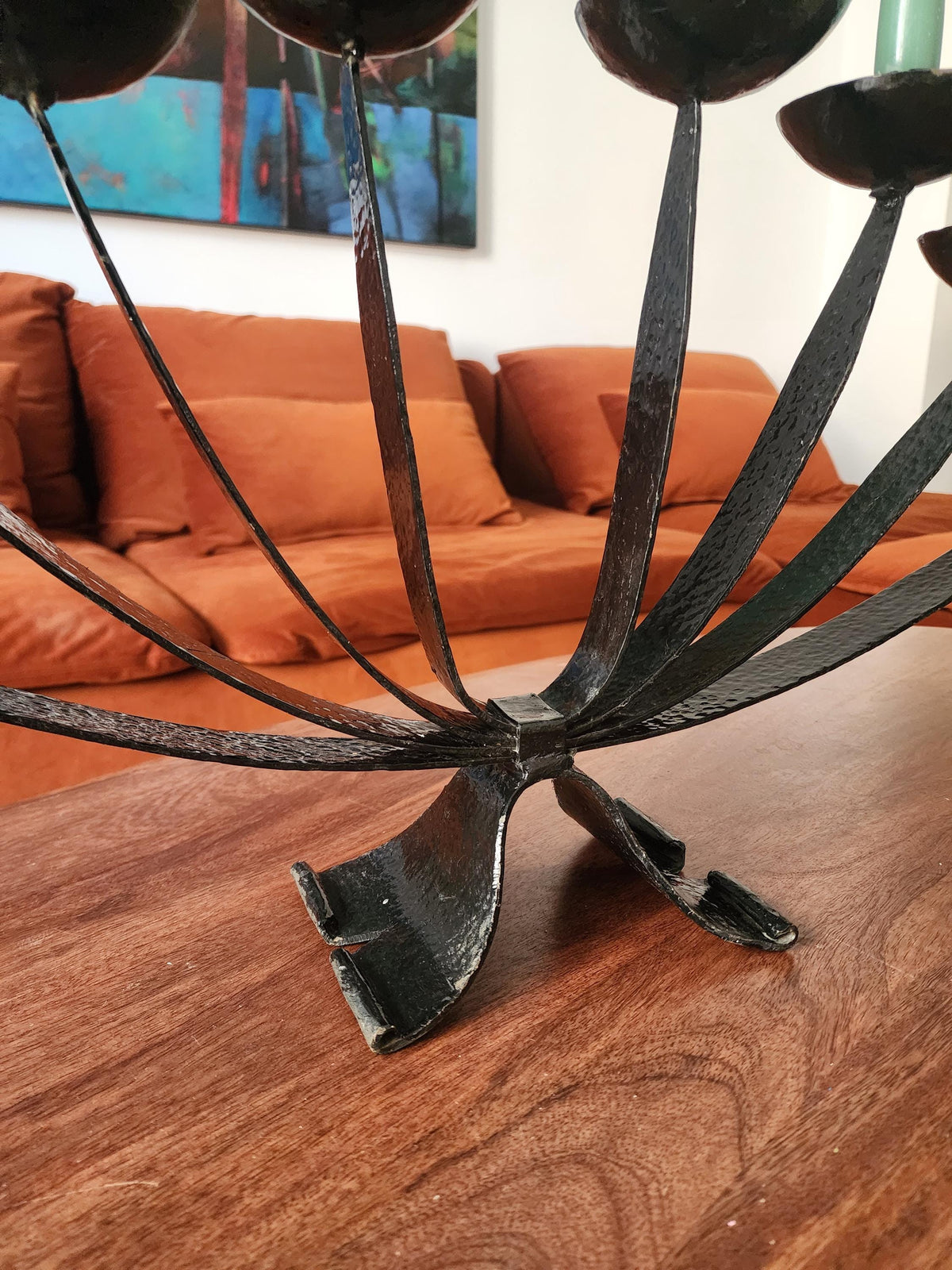Mid Century Wrought Iron Candelabra | 9 Arm Black Iron Candle Holder | Modernist Brutalist Style | 23.5” Centerpiece Sculpture
