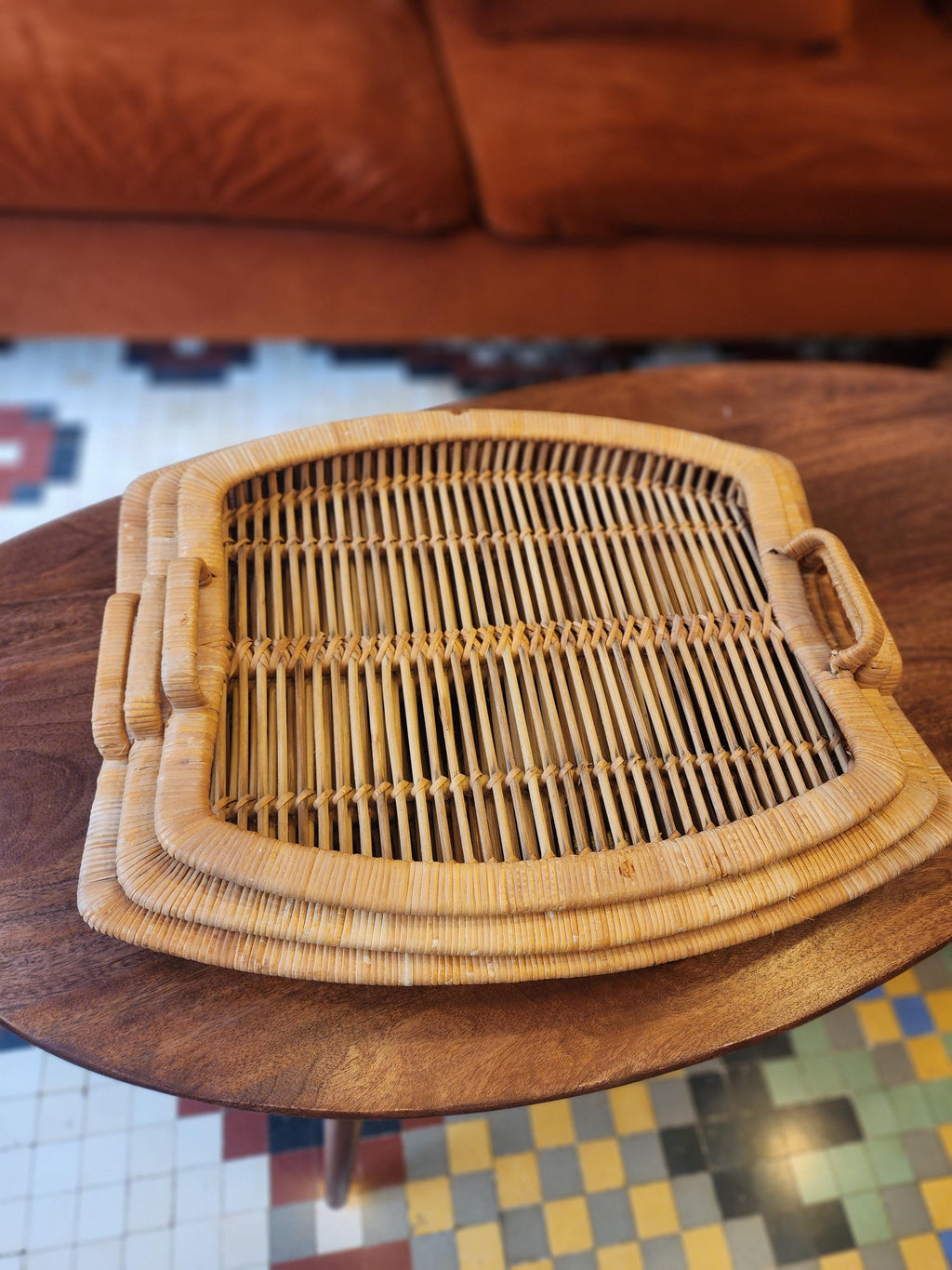 Vintage Rattan Tray Set | 3 Stacking Woven Serving Trays | Boho Coastal Kitchen Decor | Organic Modern Wicker Trays 1970s
