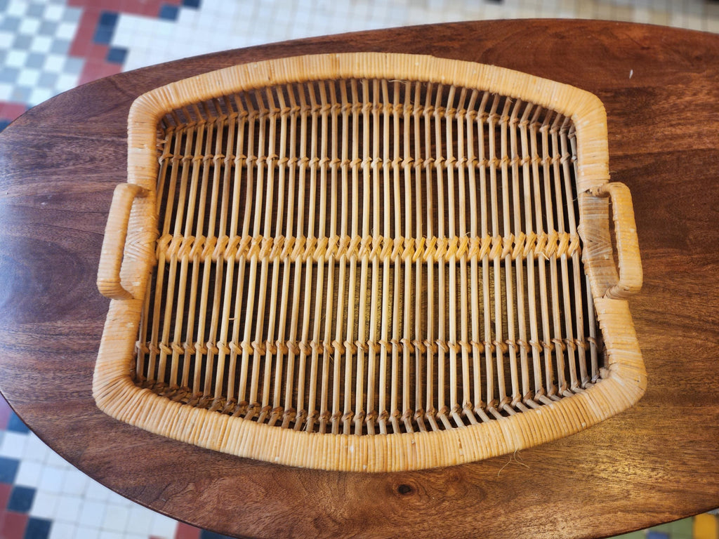 Vintage Rattan Tray Set | 3 Stacking Woven Serving Trays | Boho Coastal Kitchen Decor | Organic Modern Wicker Trays 1970s