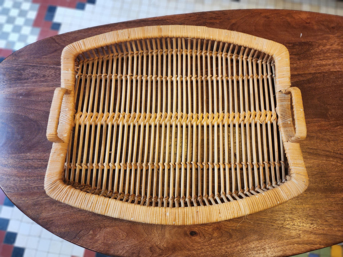 Vintage Rattan Tray Set | 3 Stacking Woven Serving Trays | Boho Coastal Kitchen Decor | Organic Modern Wicker Trays 1970s