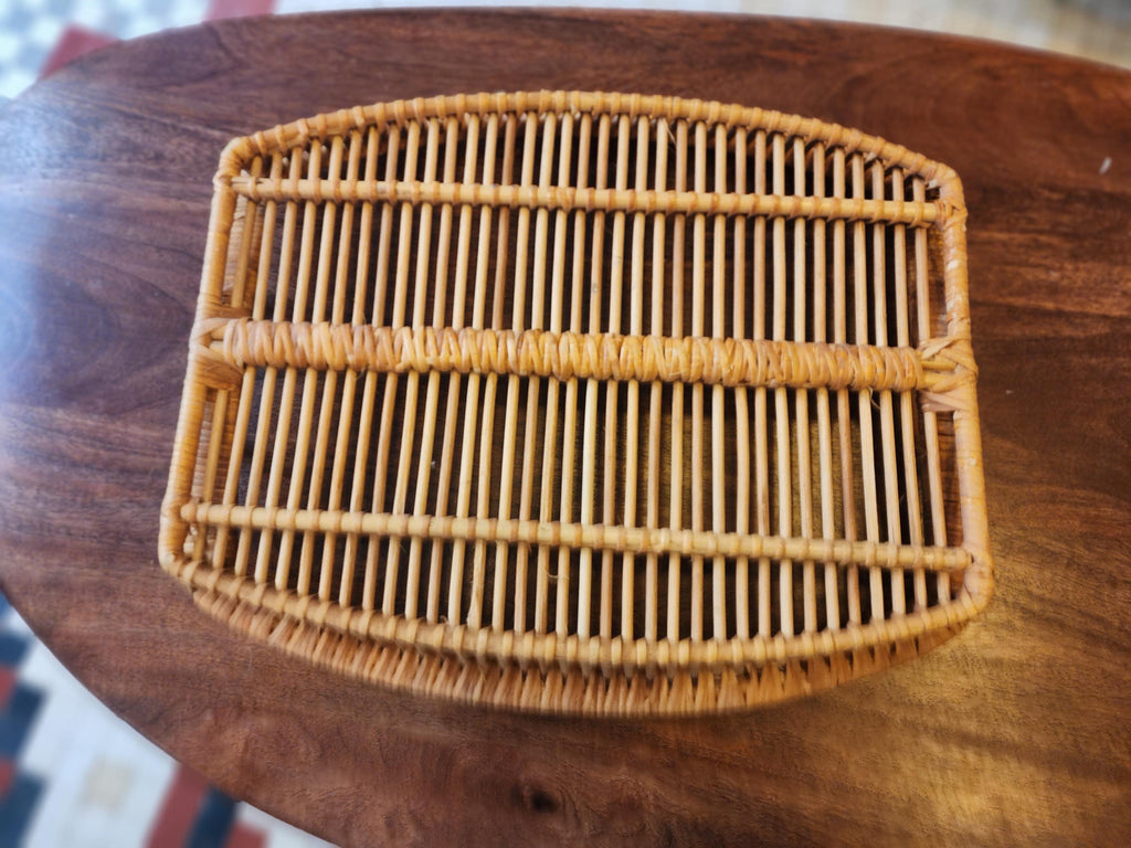 Vintage Rattan Tray Set | 3 Stacking Woven Serving Trays | Boho Coastal Kitchen Decor | Organic Modern Wicker Trays 1970s