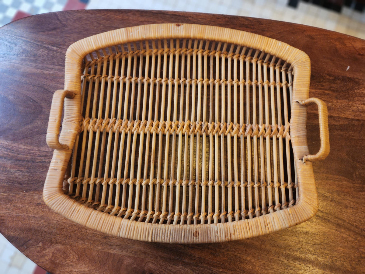 Vintage Rattan Tray Set | 3 Stacking Woven Serving Trays | Boho Coastal Kitchen Decor | Organic Modern Wicker Trays 1970s