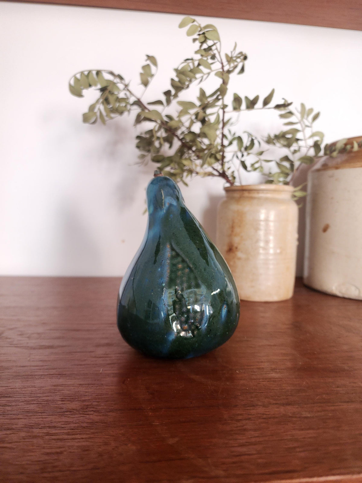 Mid Century Ceramic Pear | Green Blue Glazed Pottery Fruit Sculpture | Vintage Modernist Decor | European Studio Pottery