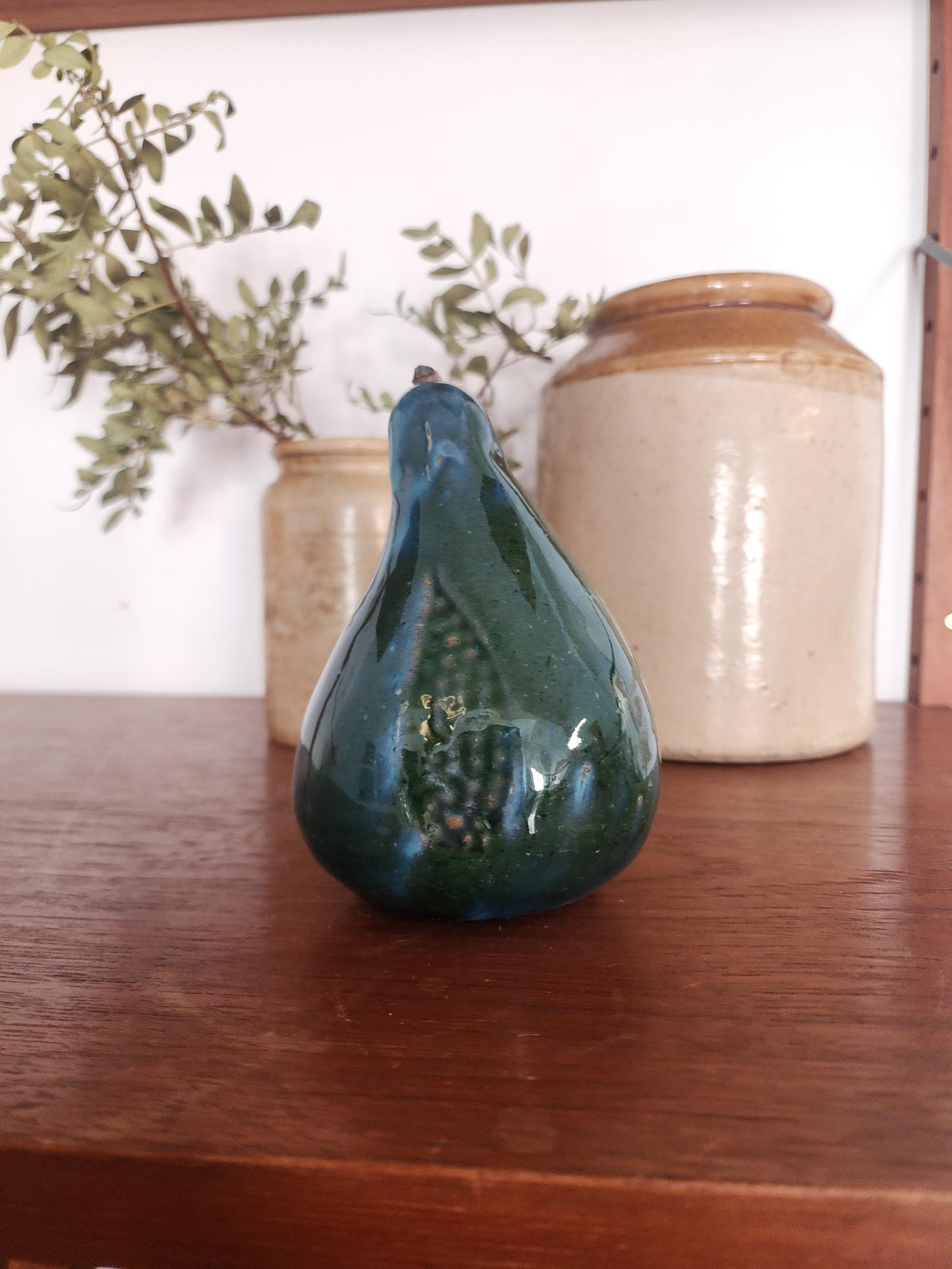 Mid Century Ceramic Pear | Green Blue Glazed Pottery Fruit Sculpture | Vintage Modernist Decor | European Studio Pottery
