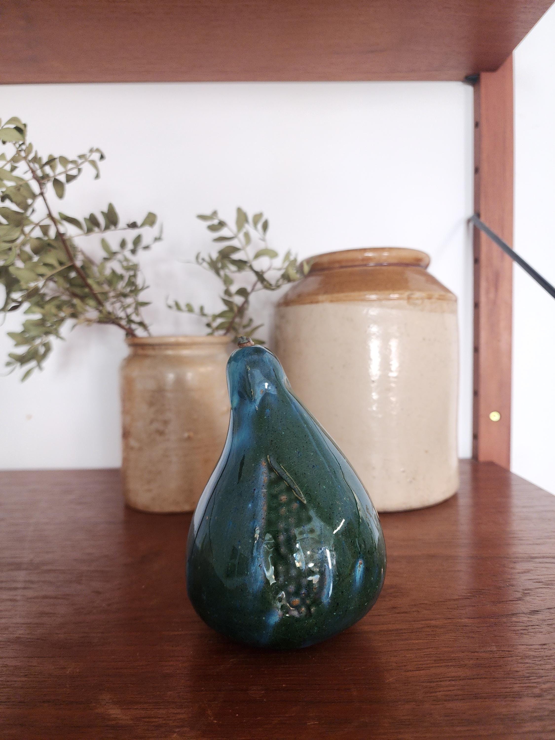 Mid Century Ceramic Pear | Green Blue Glazed Pottery Fruit Sculpture | Vintage Modernist Decor | European Studio Pottery