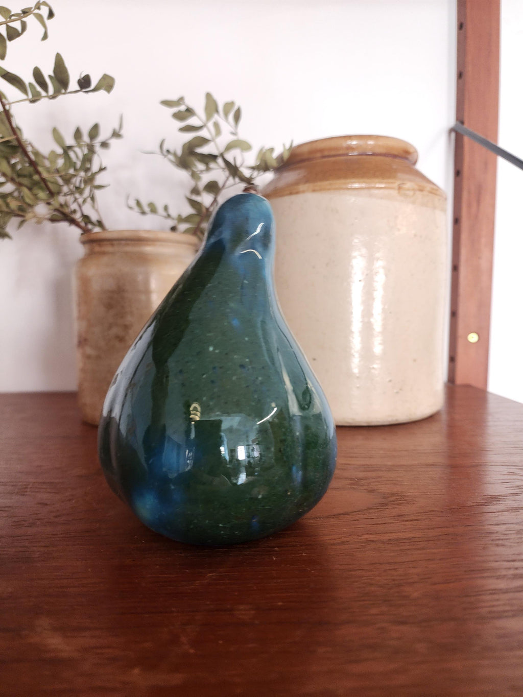 Mid Century Ceramic Pear | Green Blue Glazed Pottery Fruit Sculpture | Vintage Modernist Decor | European Studio Pottery
