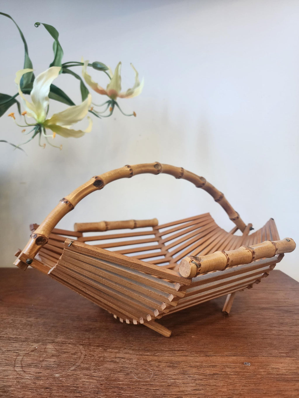 Vintage Bamboo Folding Baskets | Set of 2 Rattan Handled Trays | 1970s Mid Century Natural Decor | Fruit or Bread Basket