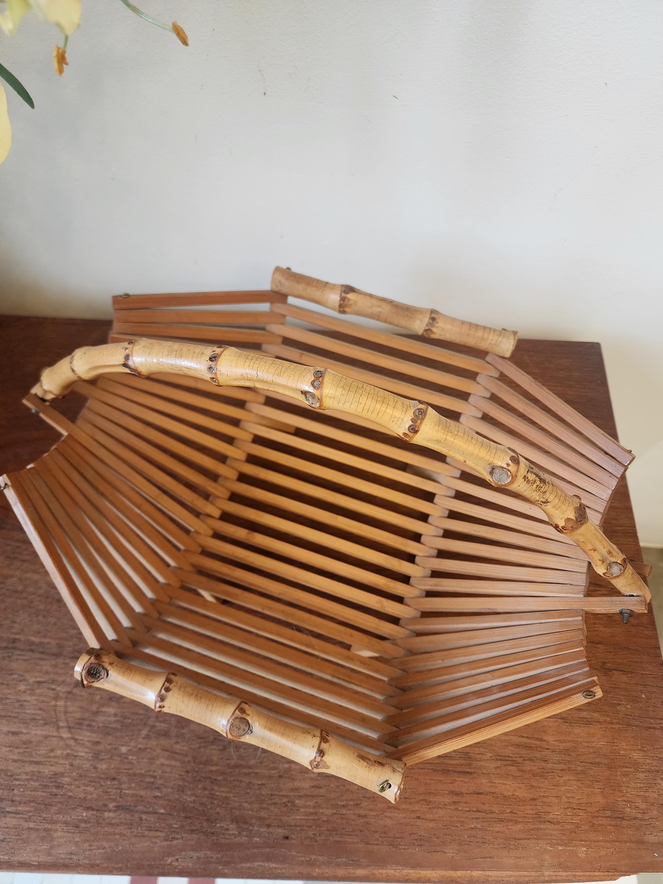 Vintage Bamboo Folding Baskets | Set of 2 Rattan Handled Trays | 1970s Mid Century Natural Decor | Fruit or Bread Basket