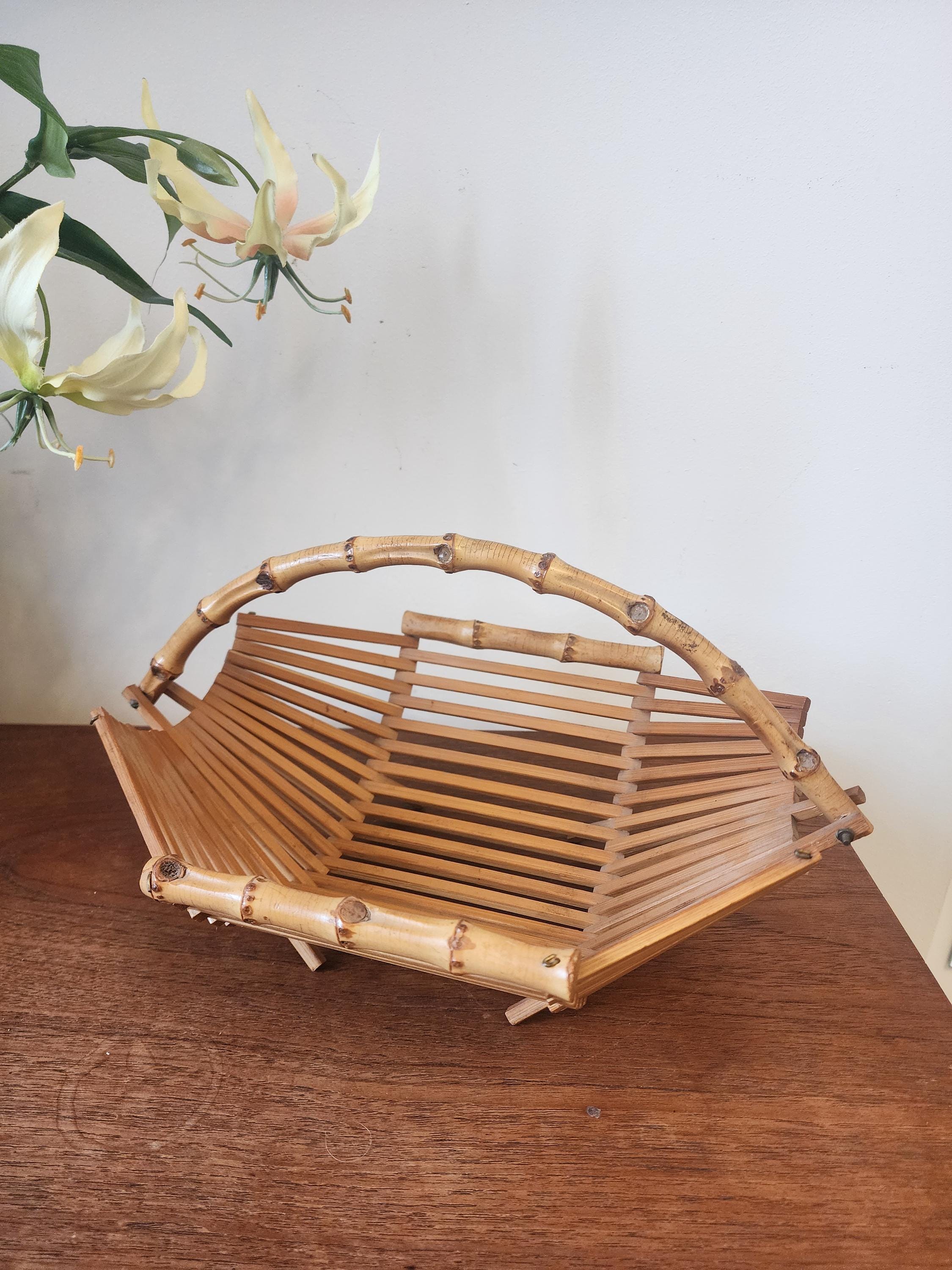 Vintage Bamboo Folding Baskets | Set of 2 Rattan Handled Trays | 1970s Mid Century Natural Decor | Fruit or Bread Basket