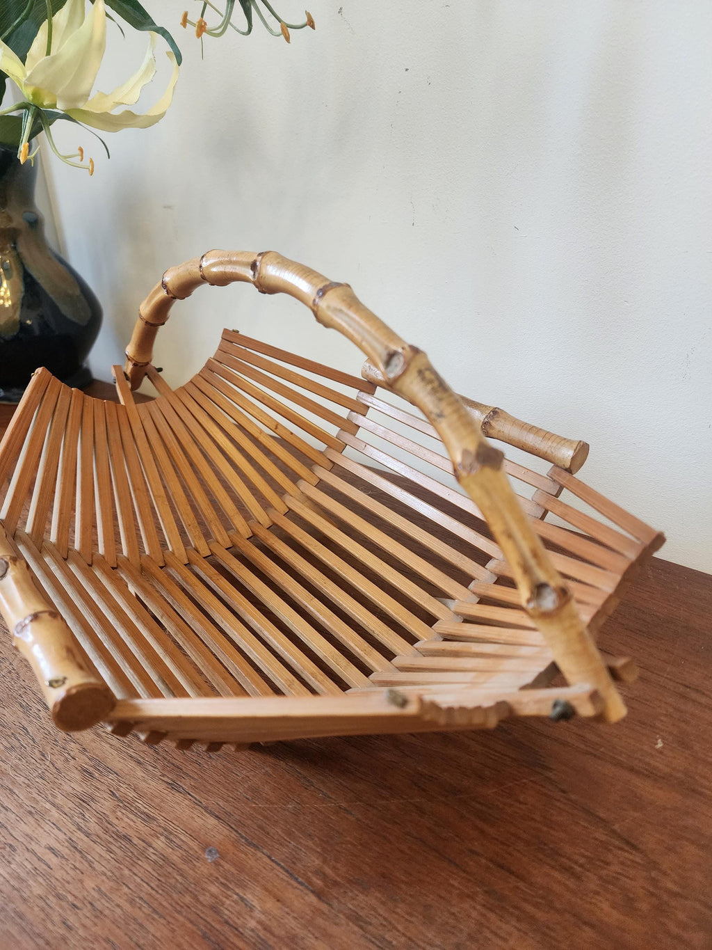 Vintage Bamboo Folding Baskets | Set of 2 Rattan Handled Trays | 1970s Mid Century Natural Decor | Fruit or Bread Basket