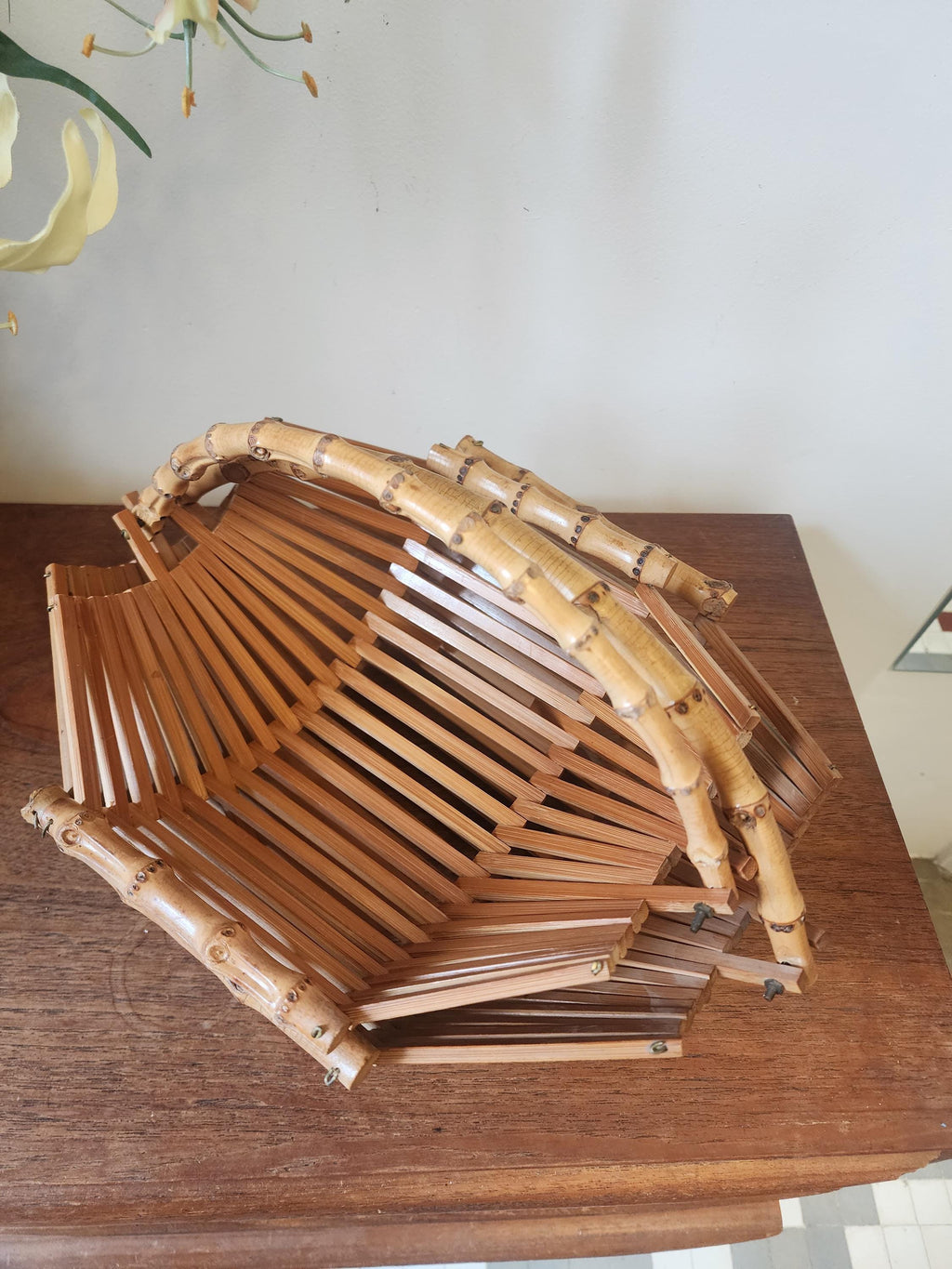 Vintage Bamboo Folding Baskets | Set of 2 Rattan Handled Trays | 1970s Mid Century Natural Decor | Fruit or Bread Basket