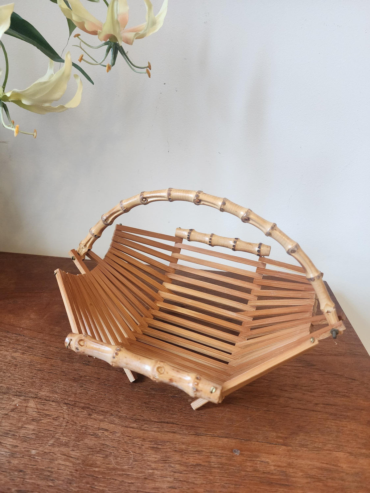 Vintage Bamboo Folding Baskets | Set of 2 Rattan Handled Trays | 1970s Mid Century Natural Decor | Fruit or Bread Basket