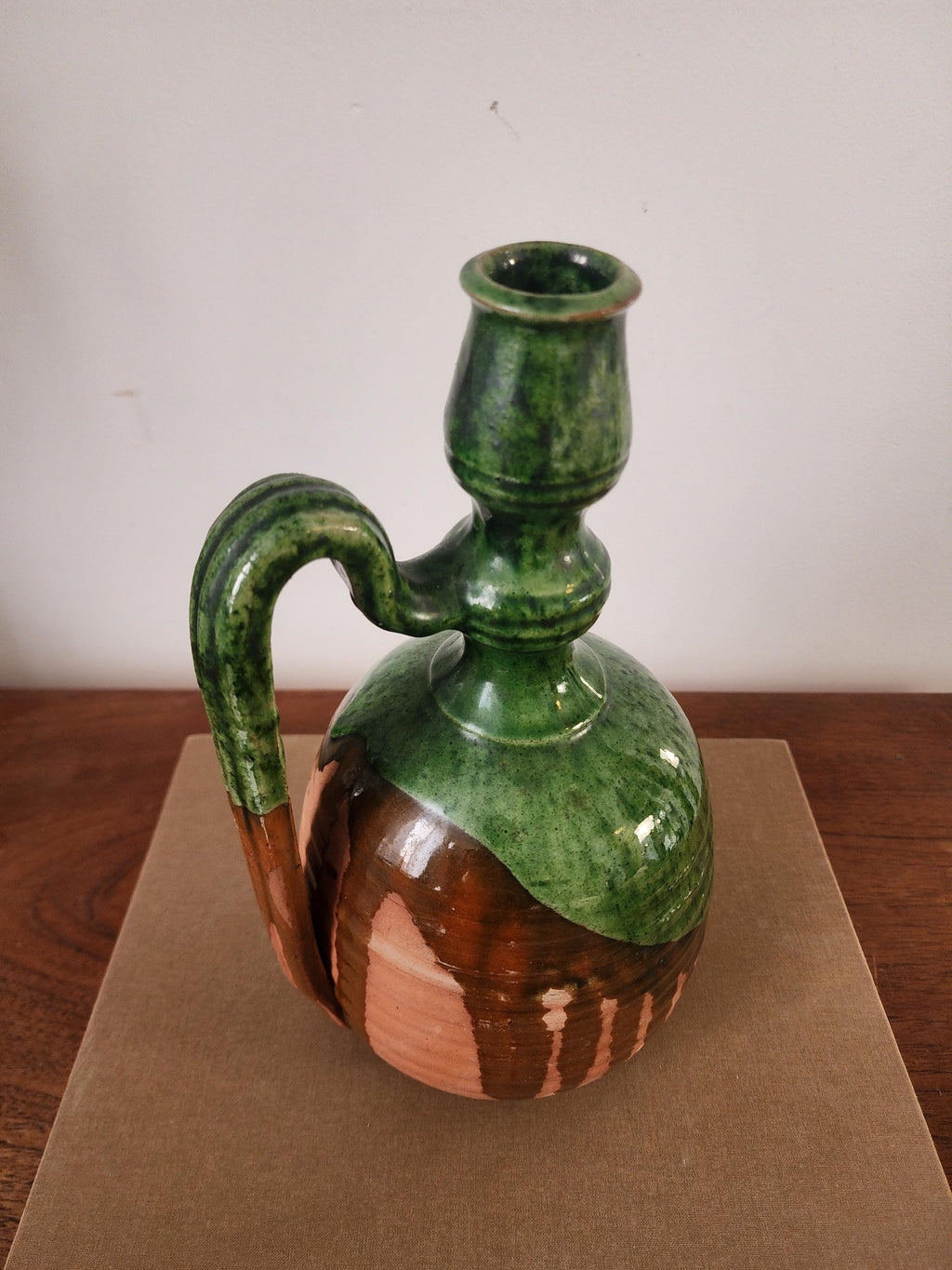 Vintage Studio Pottery Jug, Green Glazed Ceramic Pitcher, Rustic Handmade Stoneware Vessel, Wabi Sabi Decor